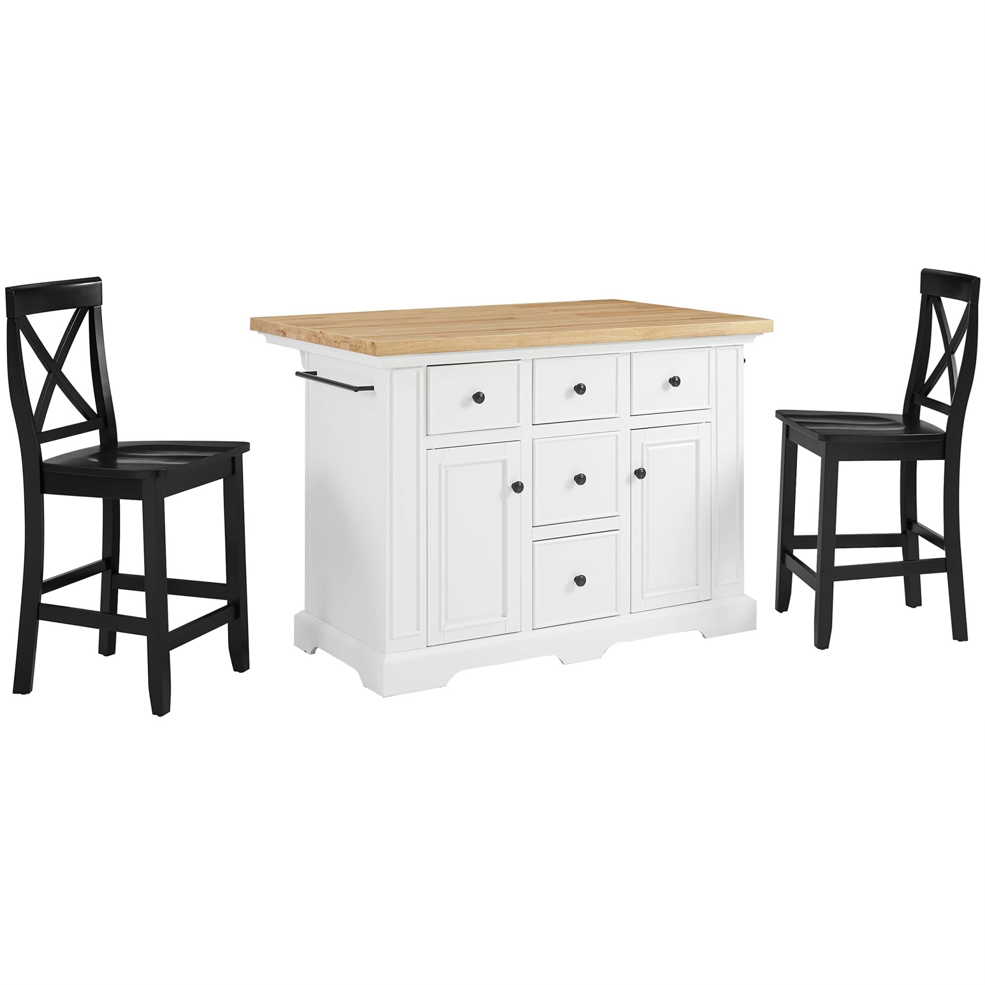 Casafoyer Furniture Julia Wood Top Island With Storage, Coffee Bar, And A Set Of 2 X-Back Stools, White/Black