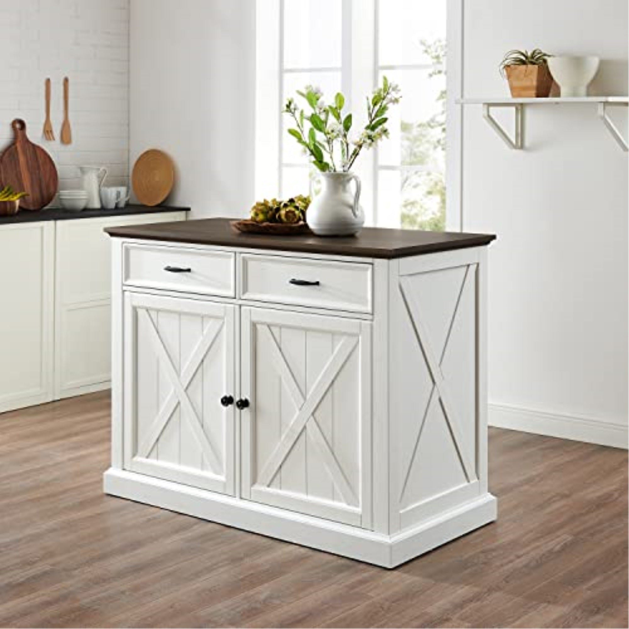 Ergode Kf30070Br-Wh Clifton Kitchen Island - Modern Farmhouse Design, Distressed White/Brown Finish, Spacious Countertop, Cabinets & Drawers