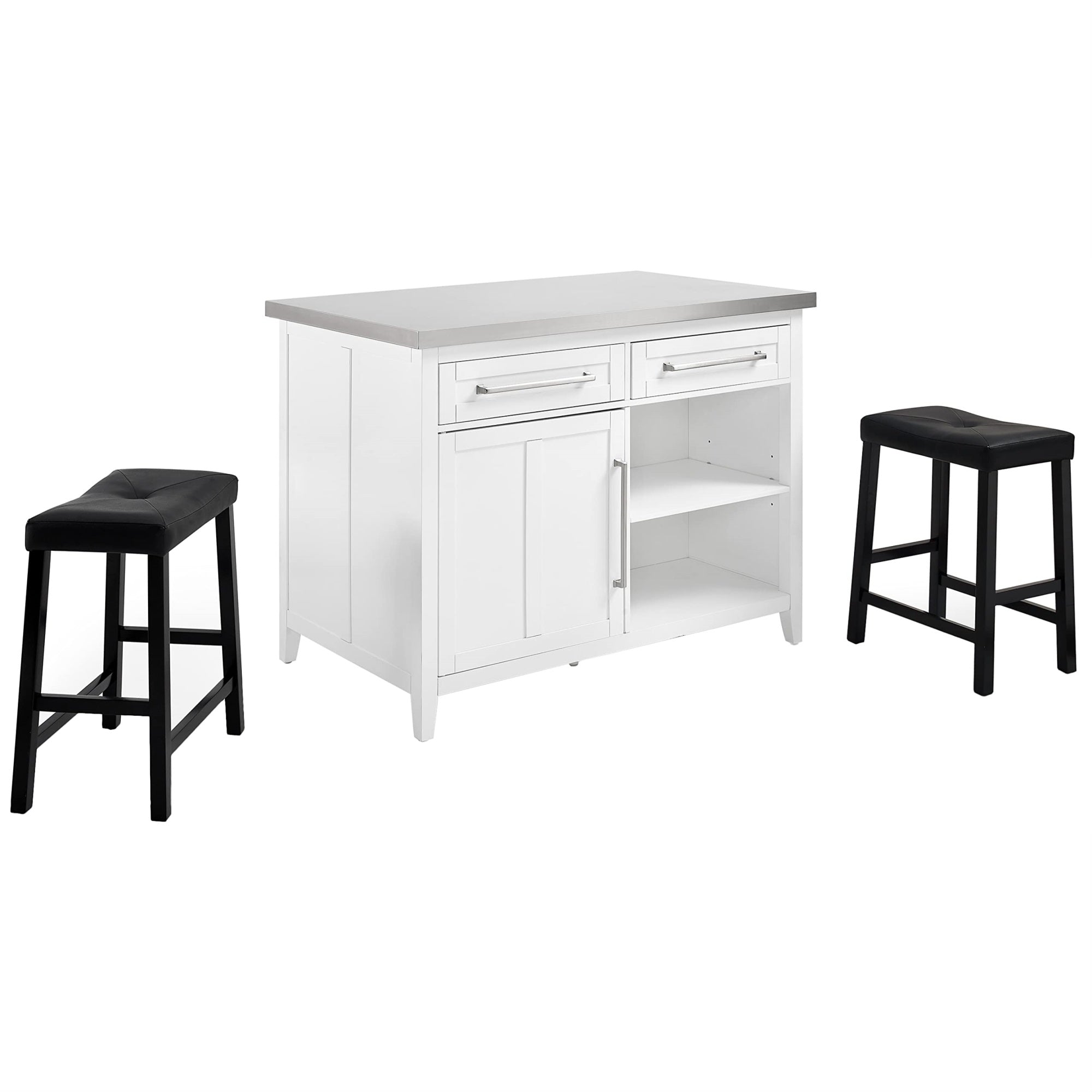 Casafoyer Furniture Silvia Stainless Steel Top Kitchen Island, Coffee Bar, With A Set Of 2 Upholstered Saddle Stools, White/Black