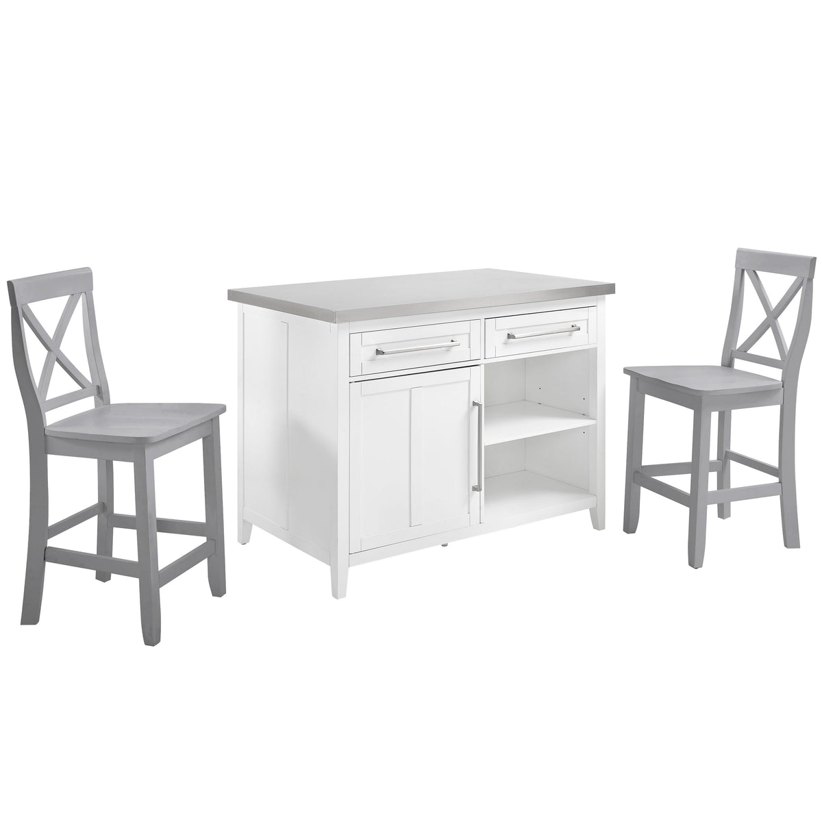 Silvia Stainless Steel Top Kitchen Island W/X-Back Stools