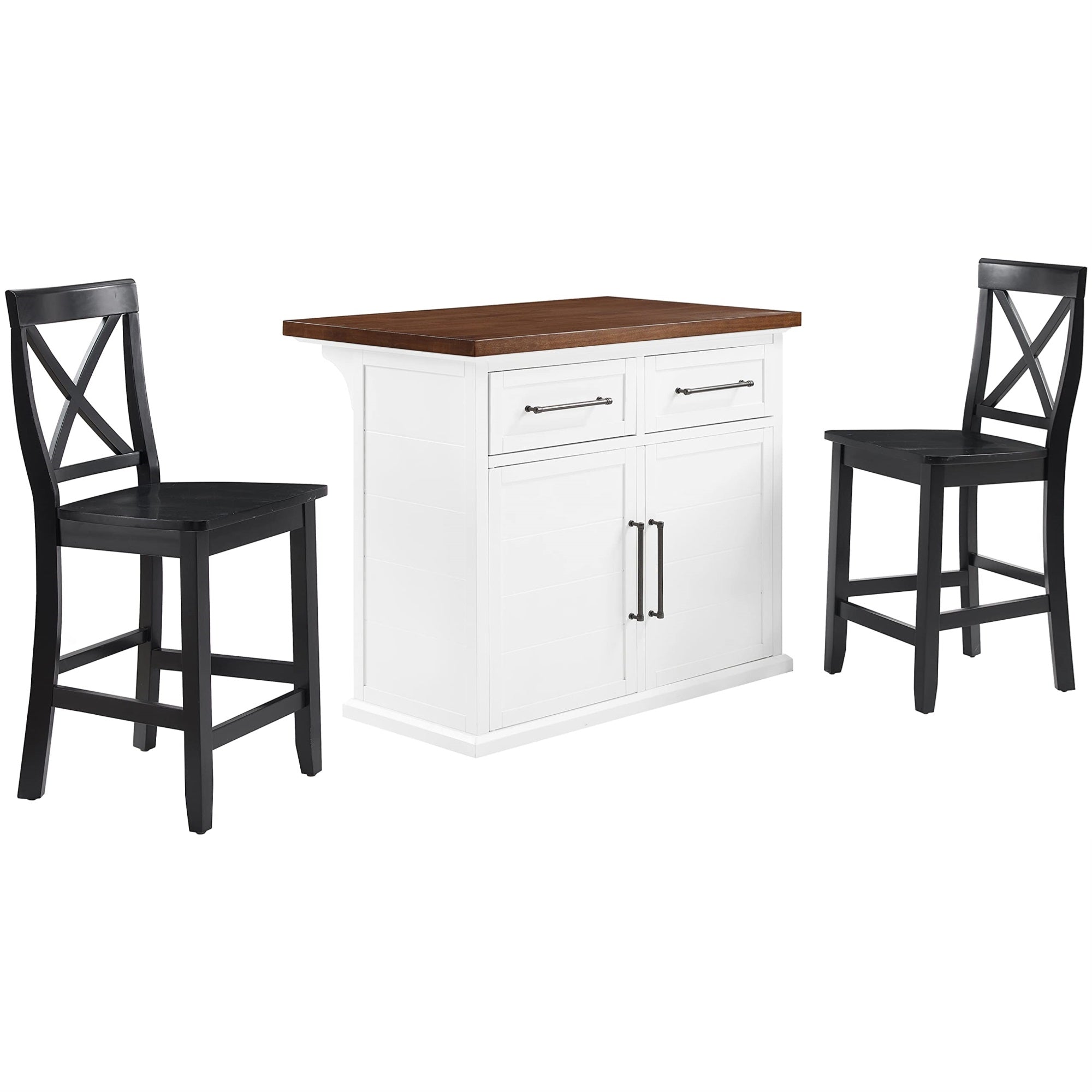 Casafoyer Furniture Bartlett Kitchen Island With Wood Top And X-Back Stools, White/Black