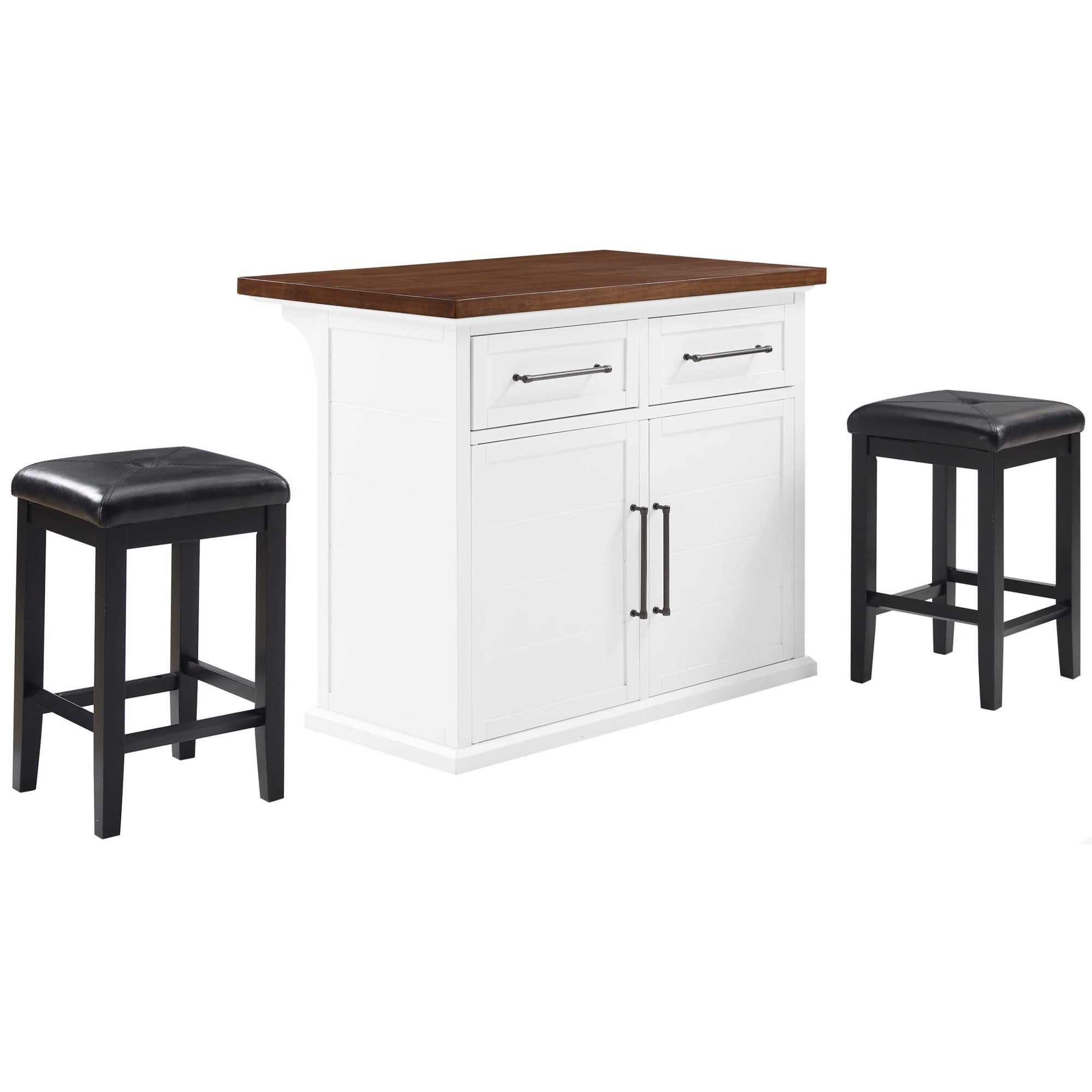Casafoyer Furniture Bartlett Kitchen Island With Wood Top And Upholstered Square Stools, White/Black