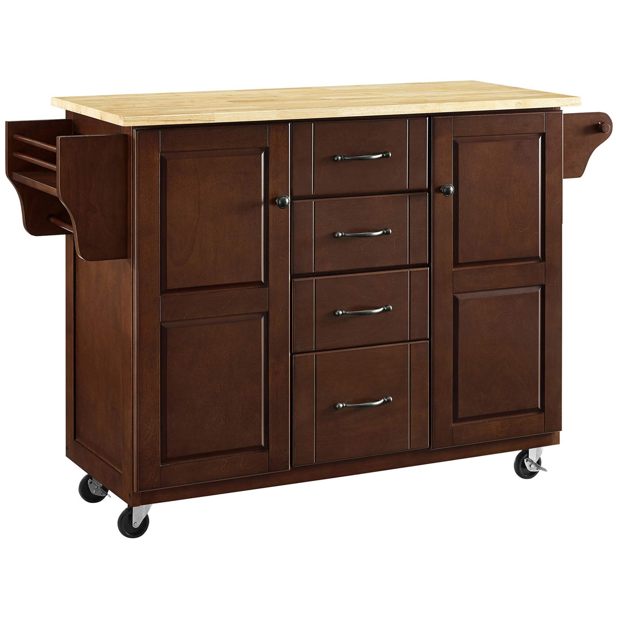 Casafoyer Eleanor Wood Top Rolling Cart Kitchen Island With Spice Rack, Storage Drawers And Shelves, Mahogany