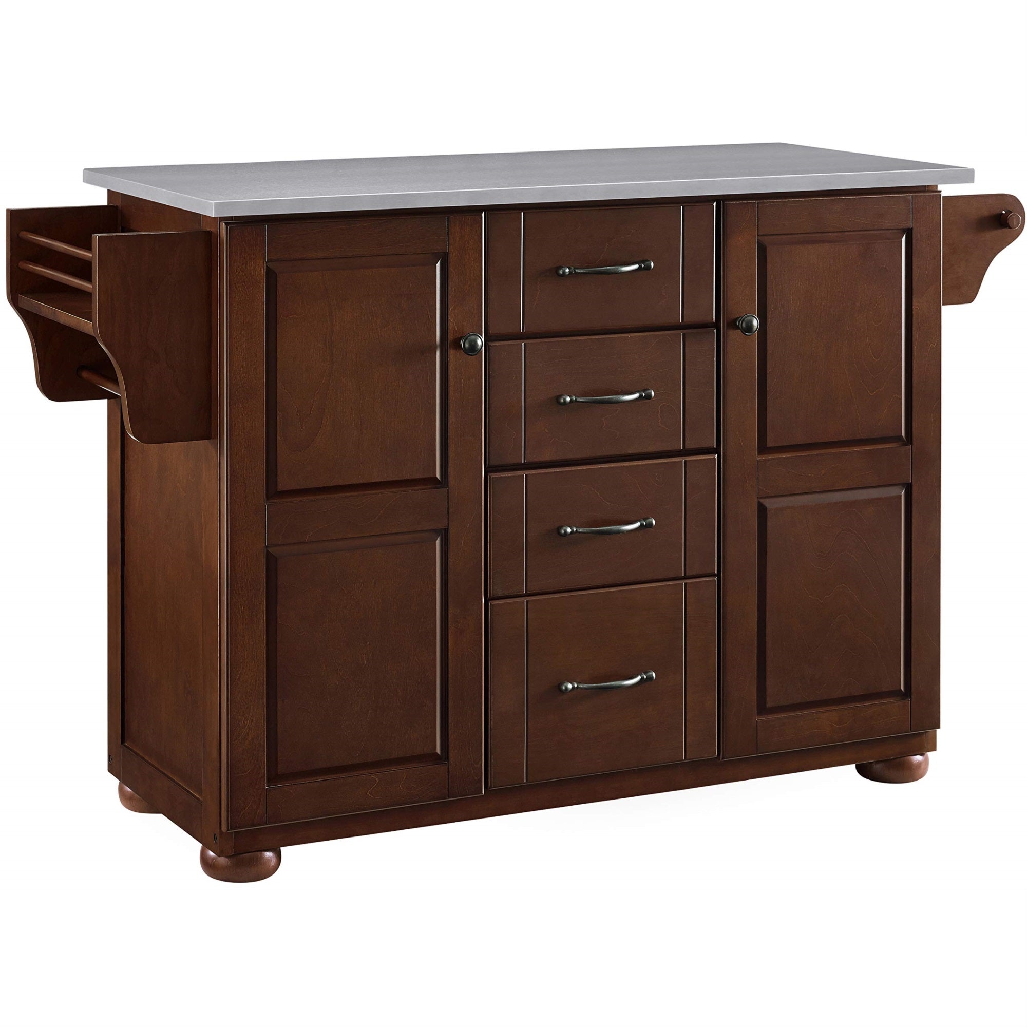 Casafoyer Furniture Eleanor Stainless Steel Top Kitchen Island With Spice Rack, Storage Drawers And Shelves, Mahogany