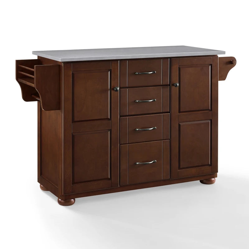 Eleanor Kitchen Island: Versatile, Elegant, And Functional. Stainless Steel Top, Mahogany Finish. Cabinets, Drawers, Spice Rack, Paper Towel Holder.