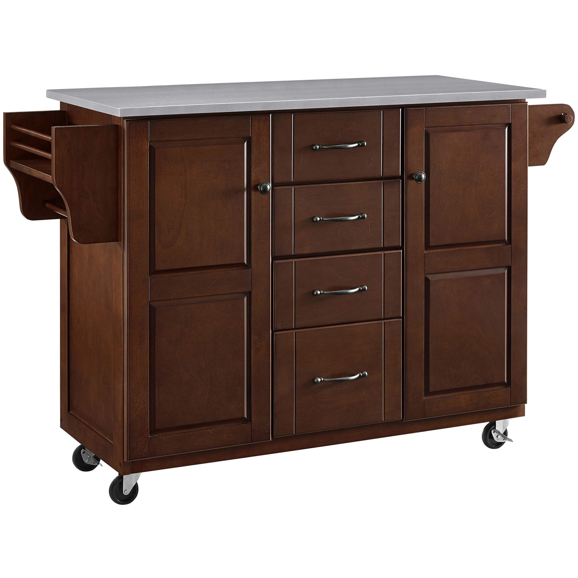 Casafoyer Eleanor Stainless Steel Top Rolling Cart Kitchen Island, Spice Rack, Drawers And Shelves, Mahogany