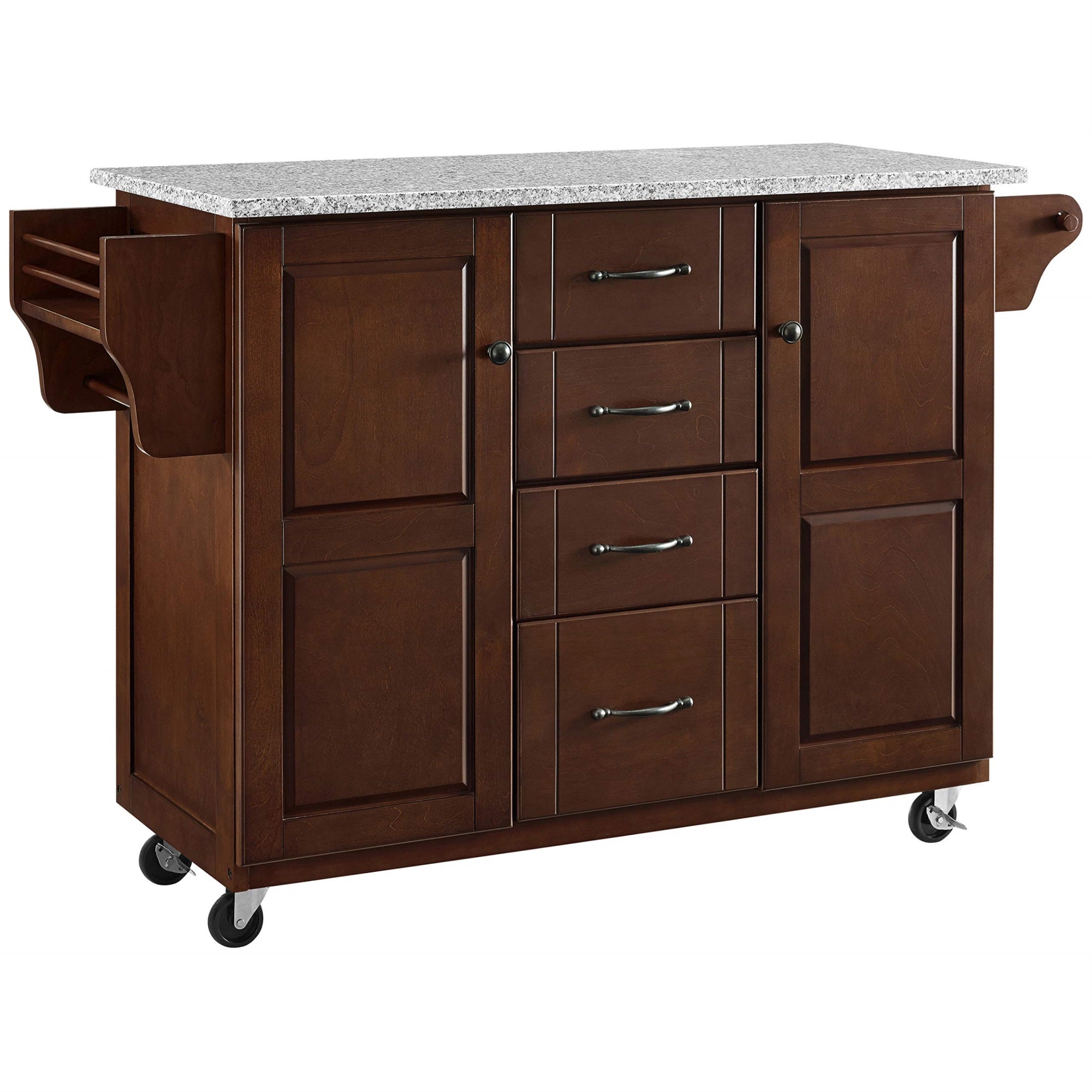 Casafoyer Eleanor Granite Top Rolling Cart Kitchen Island Spice Rack, Storage Drawers And Shelves, Mahogany