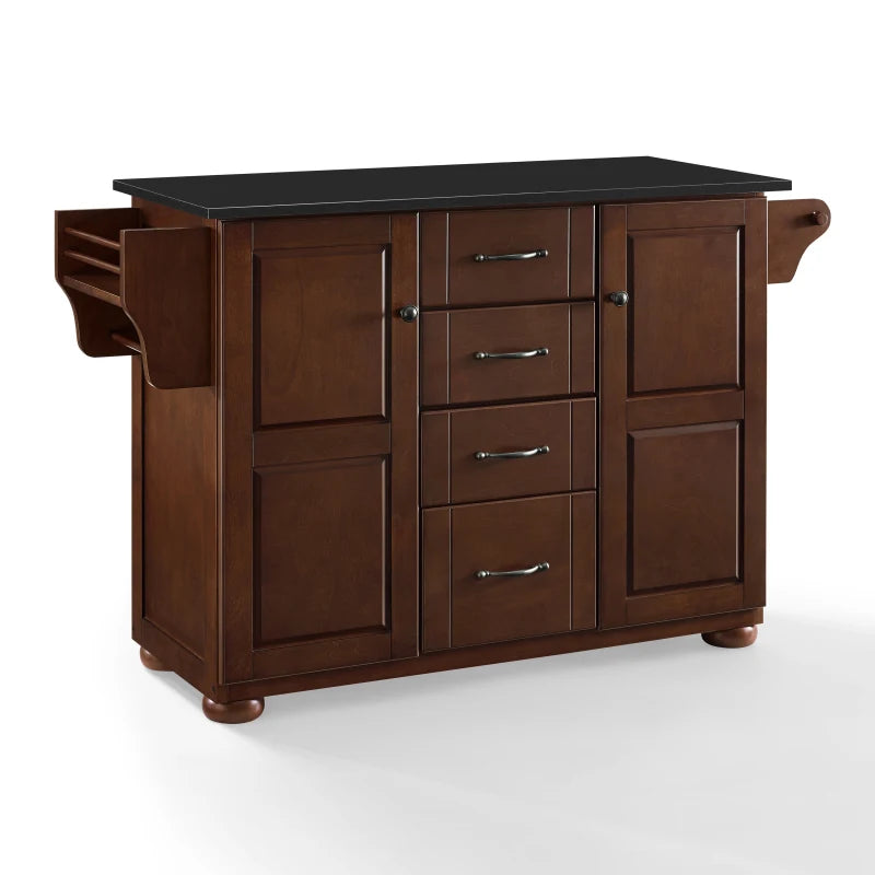 Eleanor Kitchen Island: Convenient Storage, Elegant Design, Granite Top, Spice Rack, Paper Towel Holder. Dimensions: 139.7'H X 51.5'W X 18'D. Weight: 15.5 Lbs.