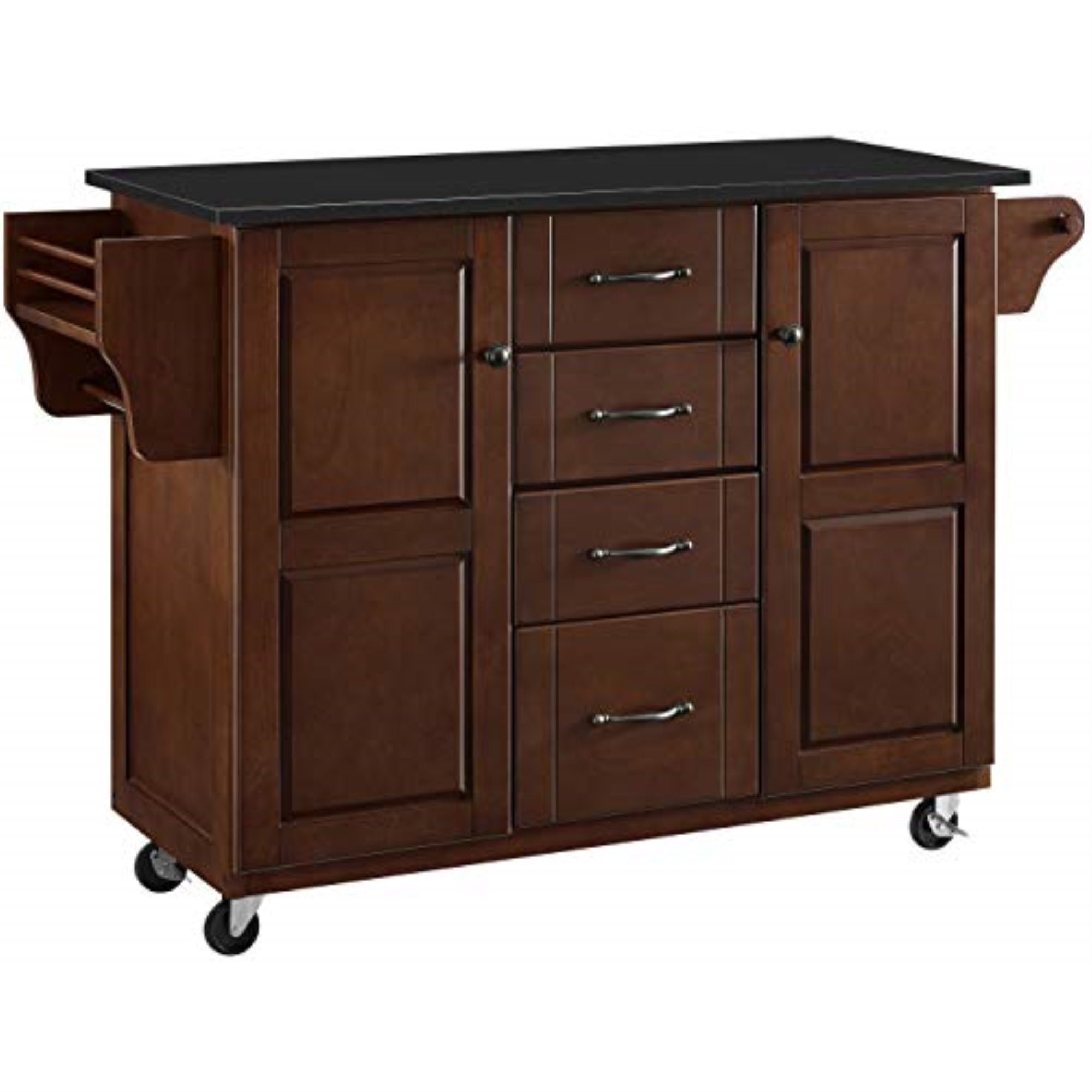 Casafoyer Eleanor Granite Top Rolling Cart Kitchen Island With Spice Rack, Drawers And Shelves, Mahogany