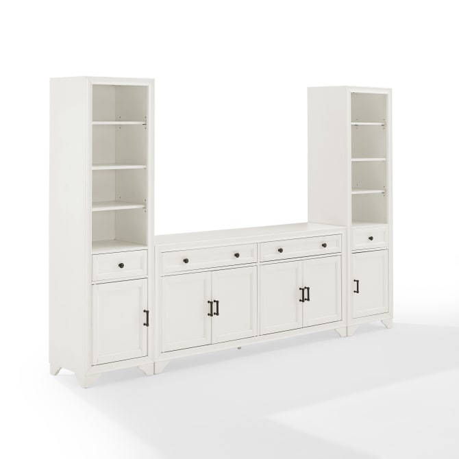 Tara 3Pc Sideboard & Bookcase Set - Distressed White, Farmhouse Style, Spacious Storage, Adjustable Shelves
