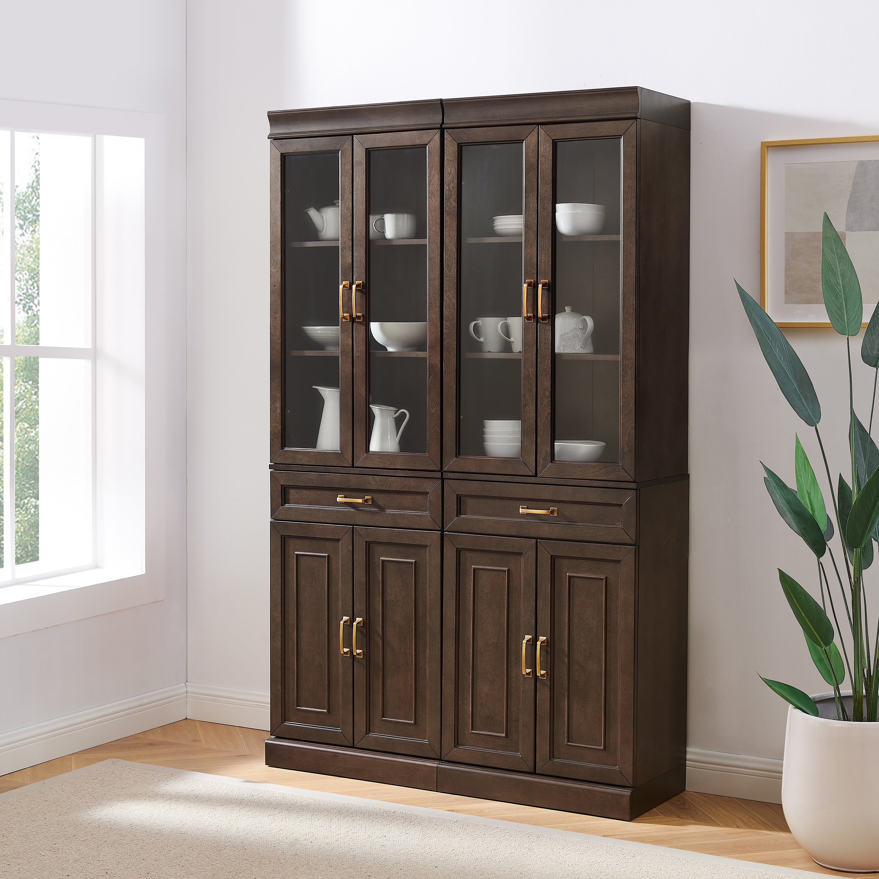 Stanton 2Pc Glass Door Kitchen Storage Pantry Cabinet Set
