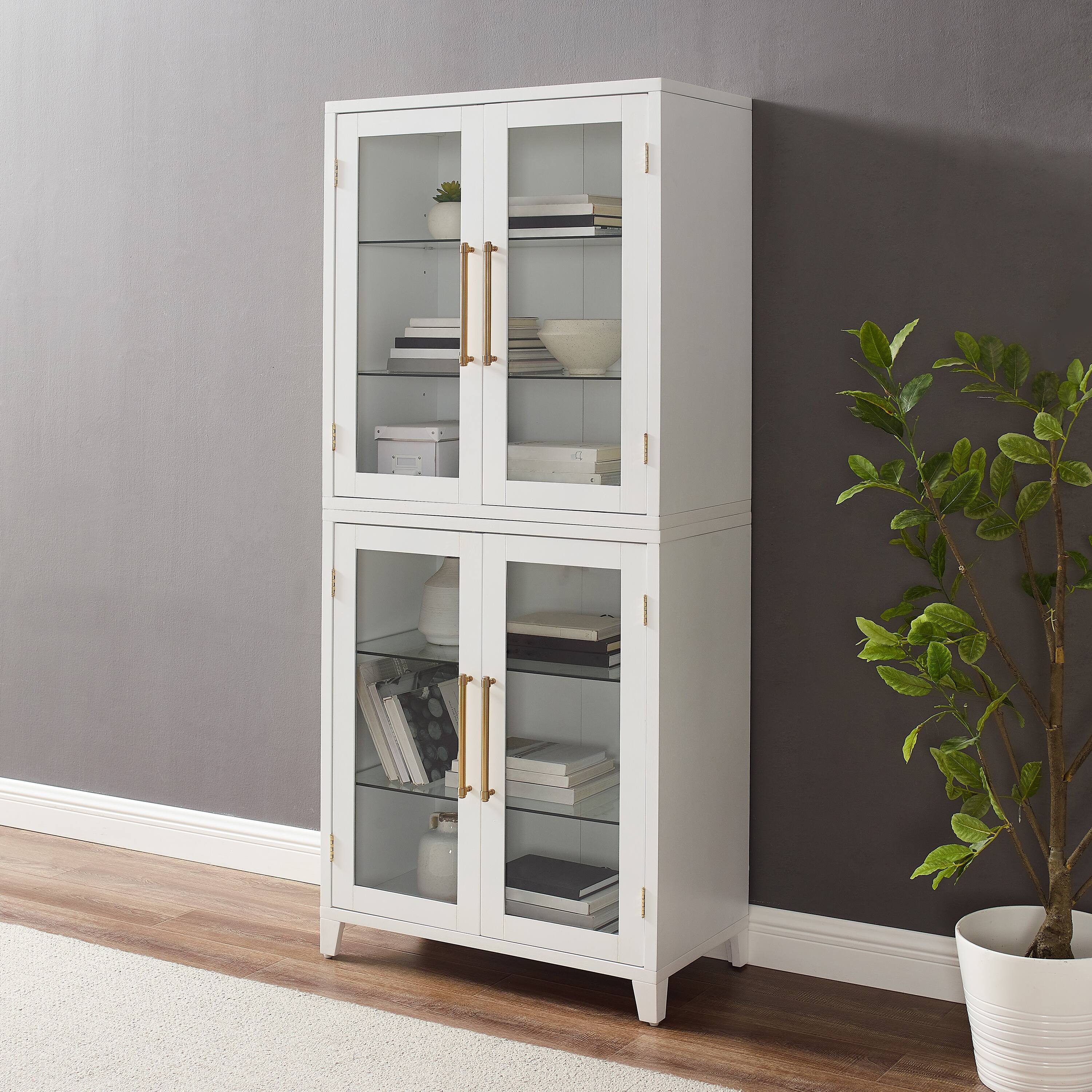 Roarke Kitchen Pantry Storage Cabinet - Glass Doors, Adjustable Shelves - Showcase Decor, Books - Modular Accent Cabinets - Bar Hardware - Cable Management