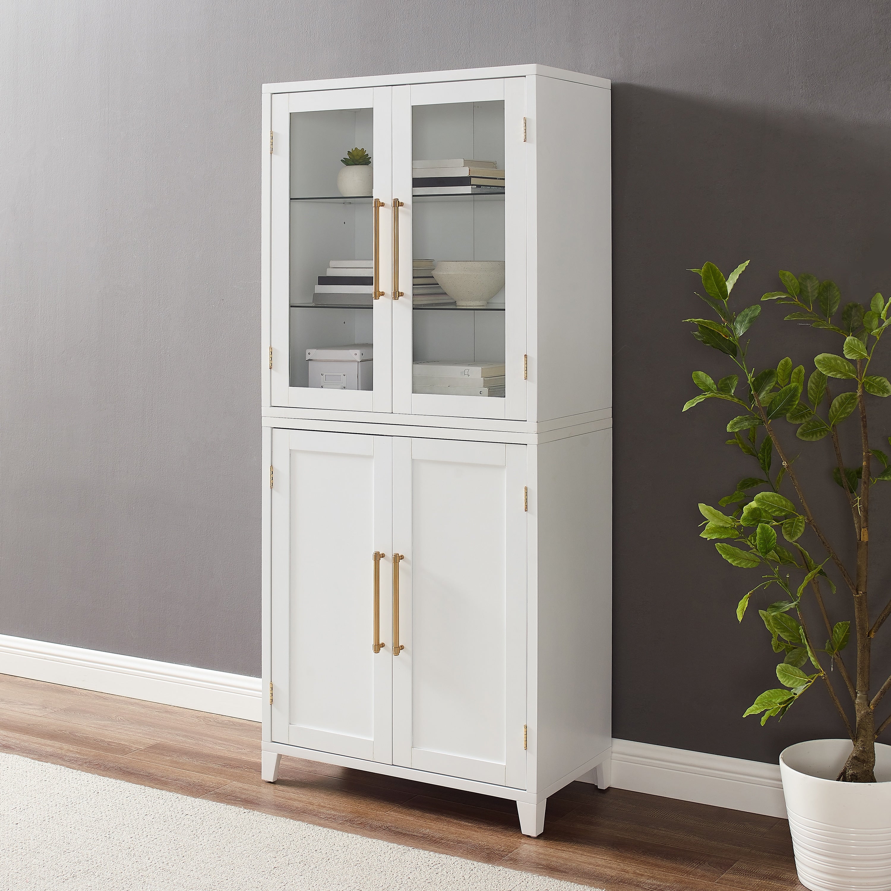 Elegant Roarke Kitchen Pantry Storage Cabinet With Glass Door Hutch - Adjustable Shelves, Bar Hardware, Cable Management - Perfect For Kitchen Or Living Room - Showcase Keepsakes, Decor, Books