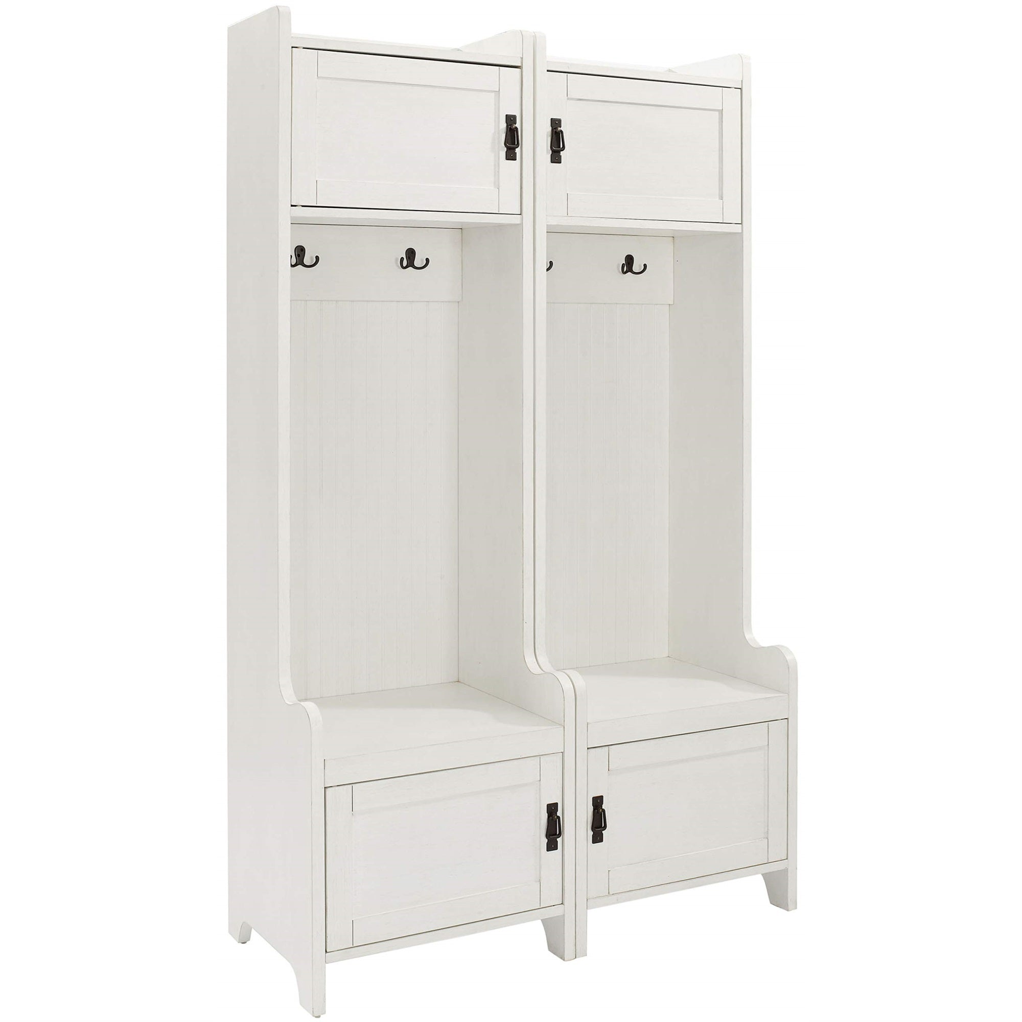 Casafoyer Furniture Fremont 2-Piece Hall Tree Entryway Set With Storage Cabinets And Coat Rack Hooks, Distressed White