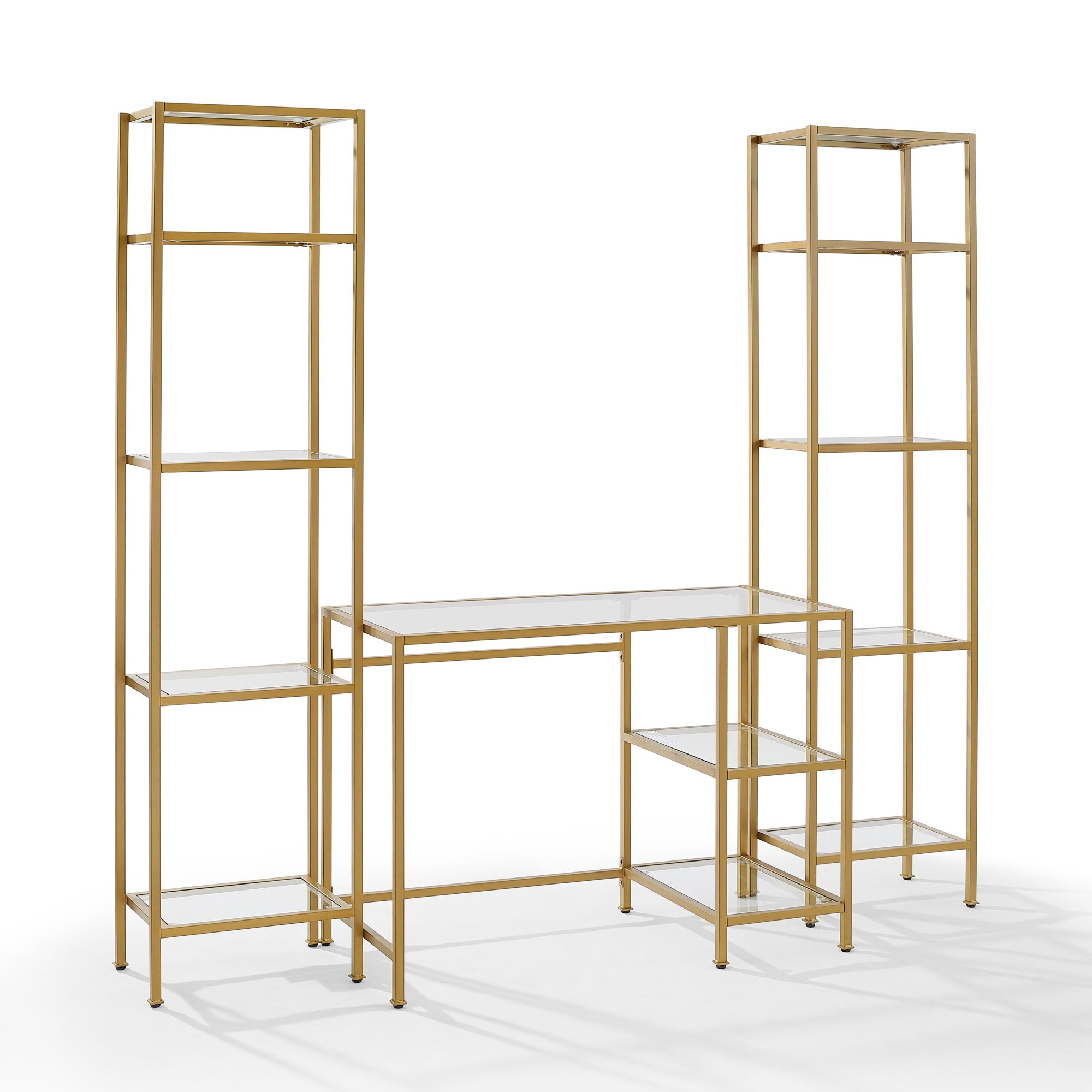 Aimee 3Pc Desk And Etagere Set - Sleek And Modern Steel Frame With Tempered Glass Surfaces - Enhance Your Home Office