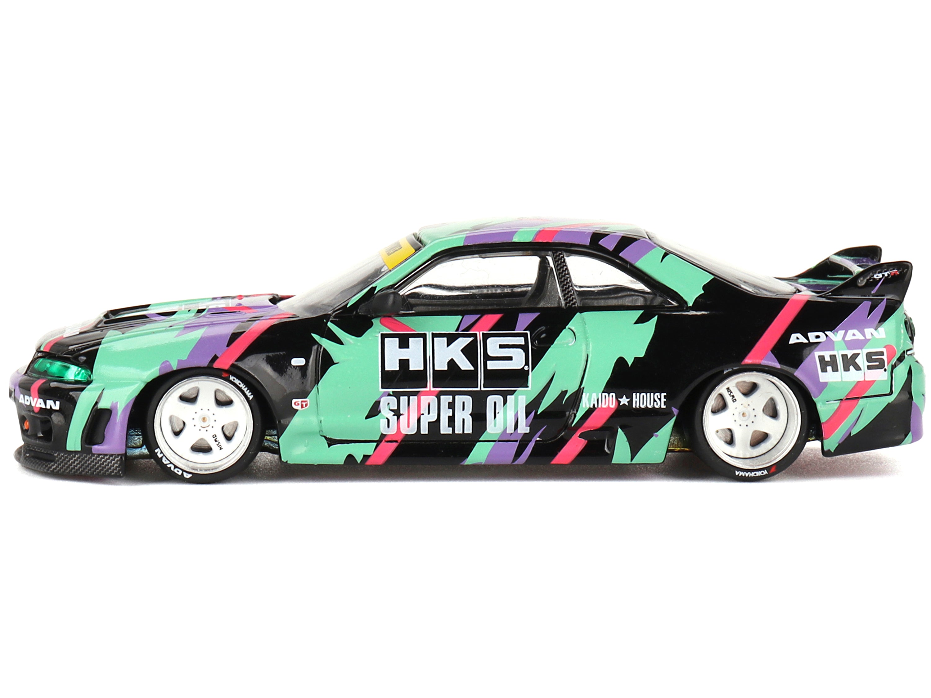 Skyline Gt-R (R33) 'Hks V1' Rhd (Right Hand Drive) Black With Graphics (Designed By Jun Imai) 'Kaido House' Special 1/64 Diecast Model Car By Mini Gt