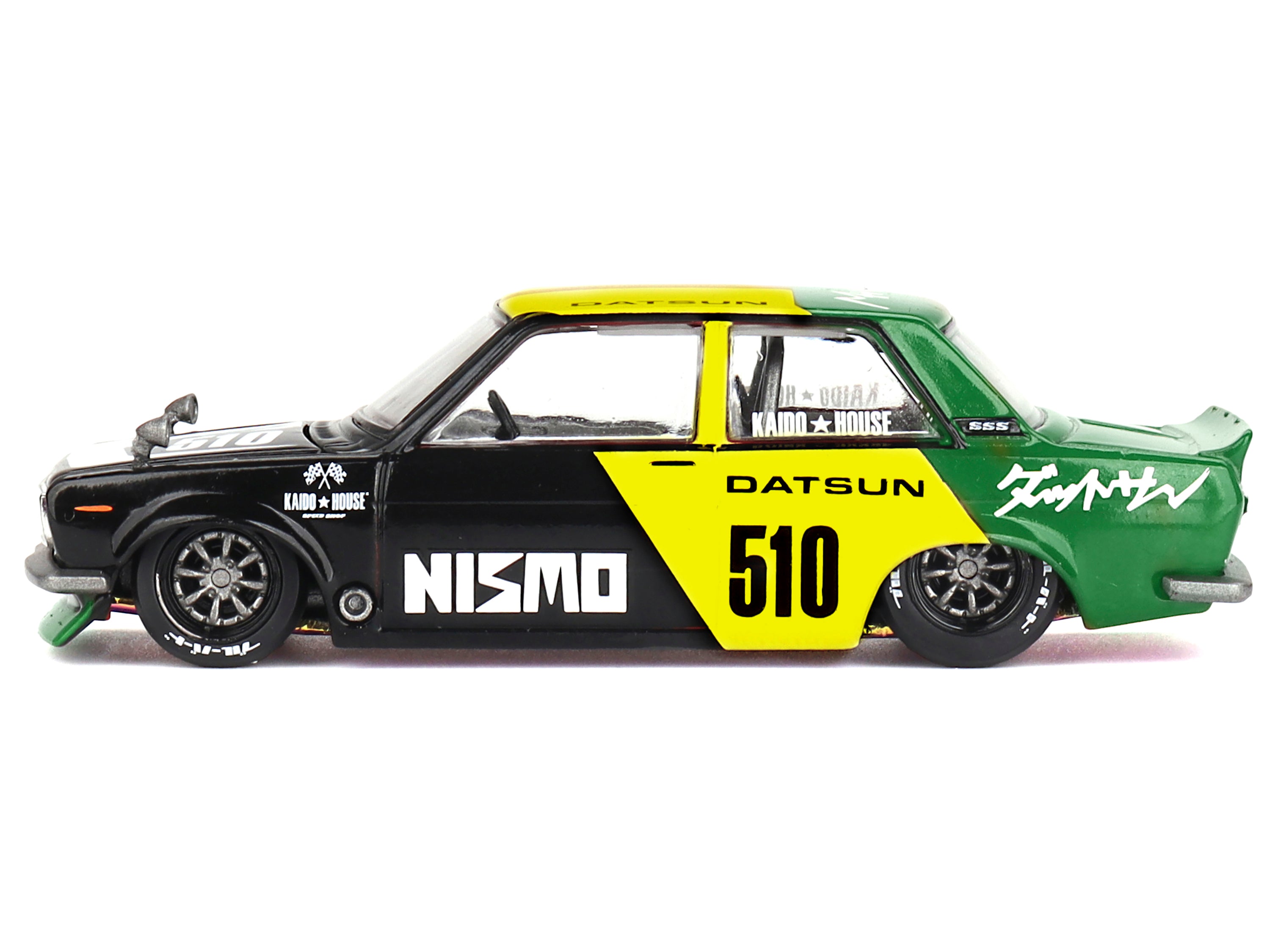 Datsun Street 510 'Racing V2' Black And Green With Yellow Accents (Designed By Jun Imai) 'Kaido House' Special 1/64 Diecast Model Car By Mini Gt
