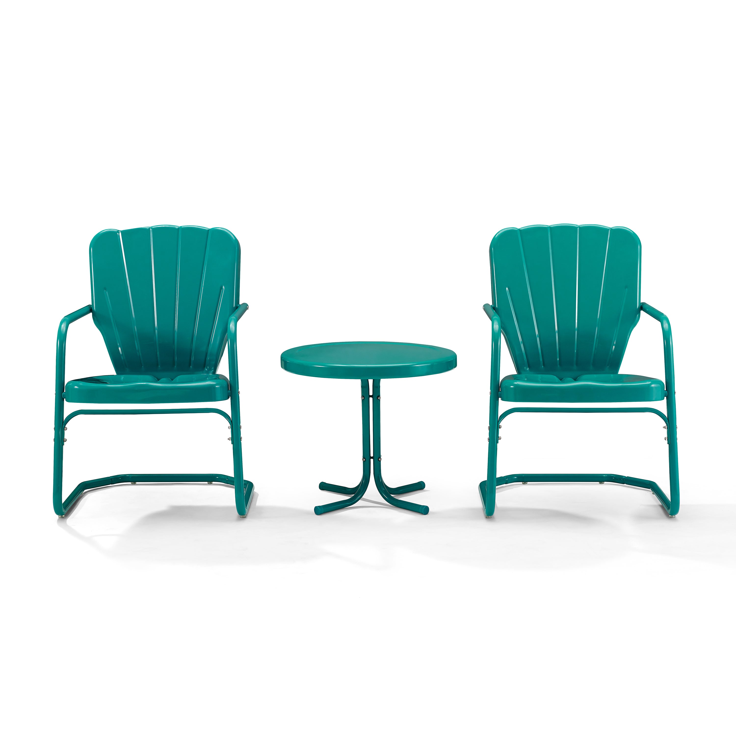 Ridgeland Vintage-Inspired Metal Outdoor Furniture Set - 2 Chairs & Side Table, Turquoise Gloss. Sturdy Steel Construction, Weather Resistant.