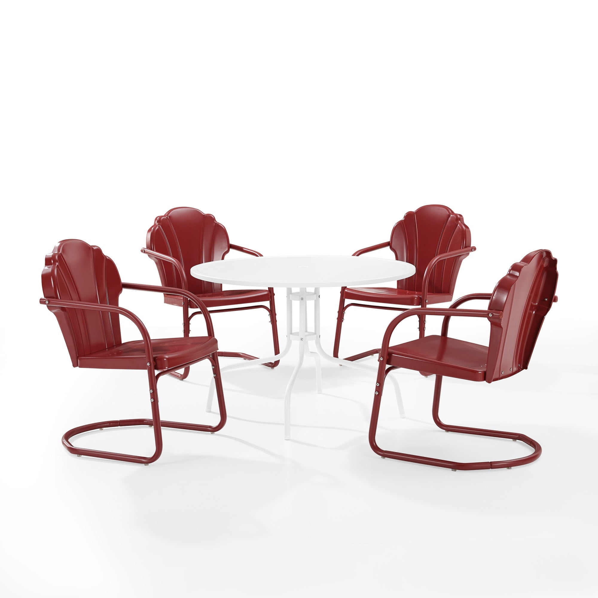 Vintage-Inspired Tulip 5Pc Dining Set: Scalloped Chairs & Metal Table. Retro Silhouette, Vibrant Colors. Cantilever Base For Laid-Back Outdoor Dining.