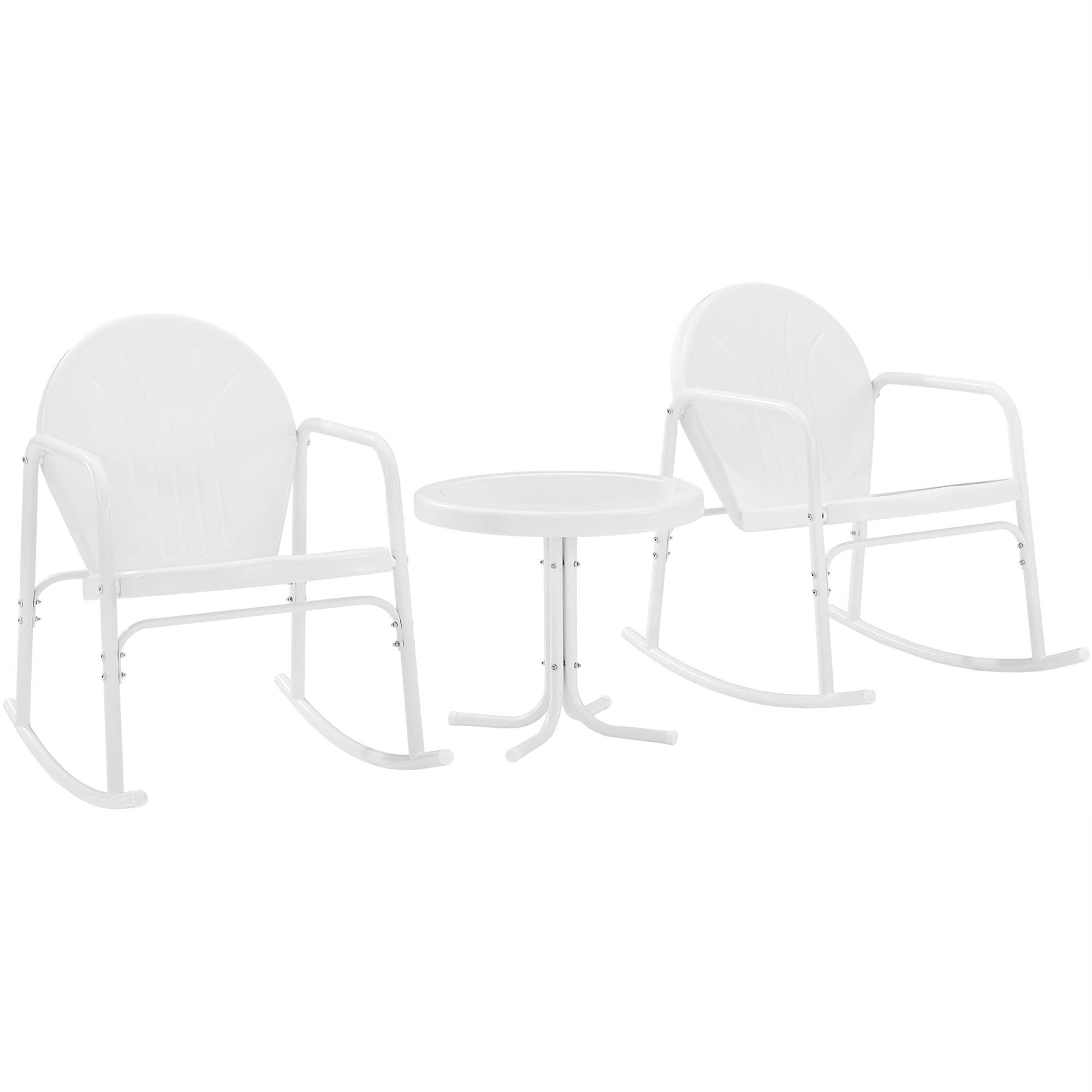 Casafoyer Furniture Griffith 3-Piece Outdoor Rocking Chair And Side Table Set, Retro Metal Bistro Patio Sets, White Gloss And White Satin