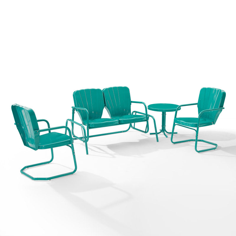 Ridgeland 4Pc Outdoor Metal Conversation Set- Loveseat Glider, Side Table, & 2 Armchairs - Turquoise Gloss