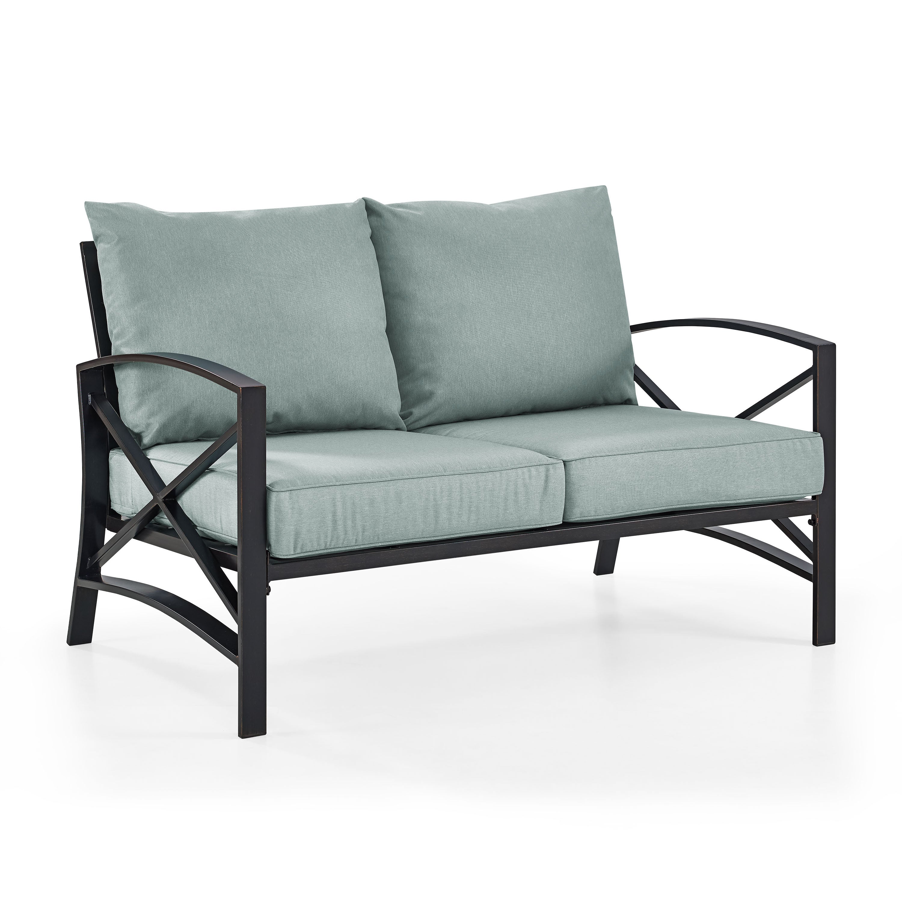 Kaplan Loveseat In Oiled Bronze With Mist Universal Cushion Cover