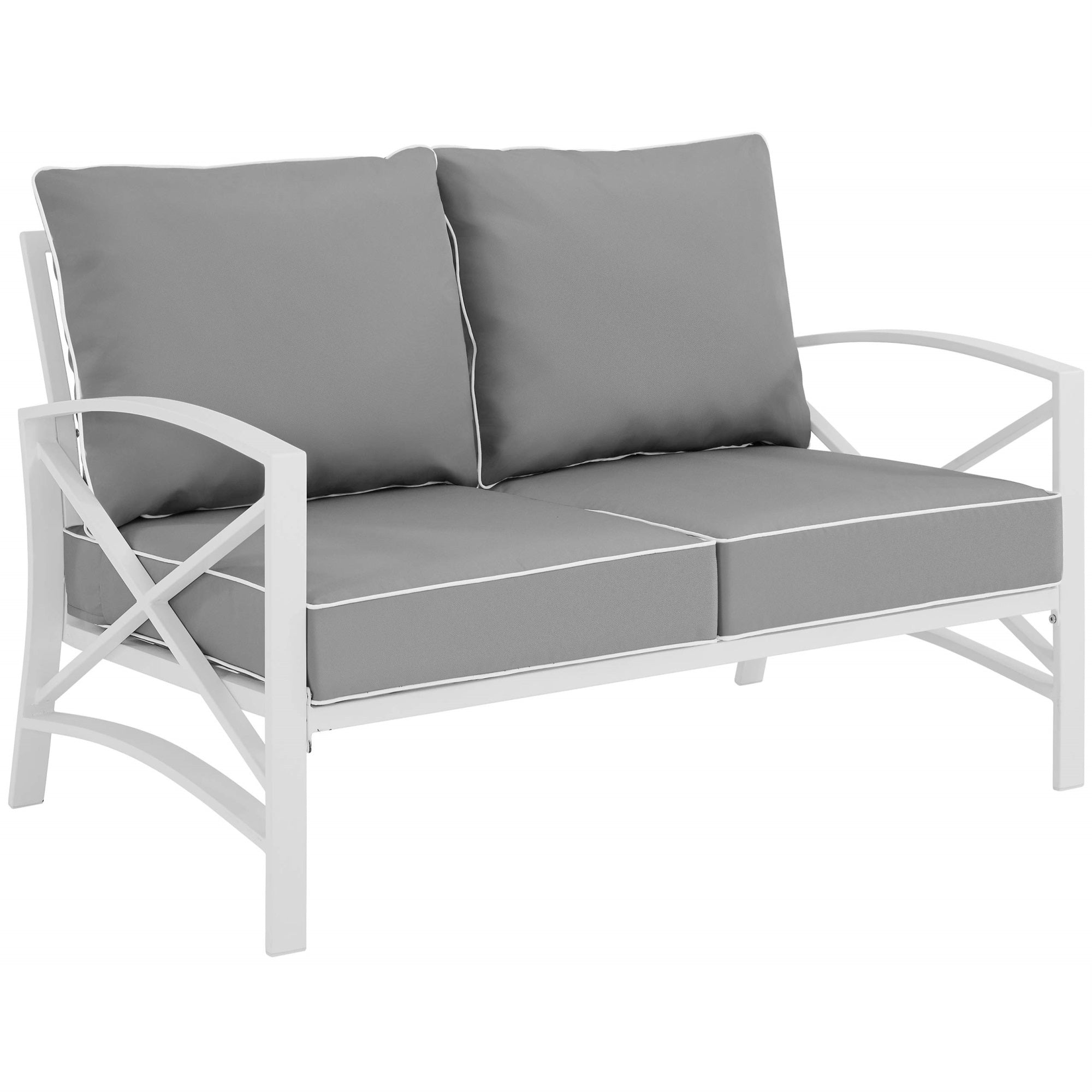 Casafoyer Furniture Kaplan Outdoor Loveseat, 2-Person Patio Couch For Porch, Deck, Backyard, Balcony, White With Gray Cushions