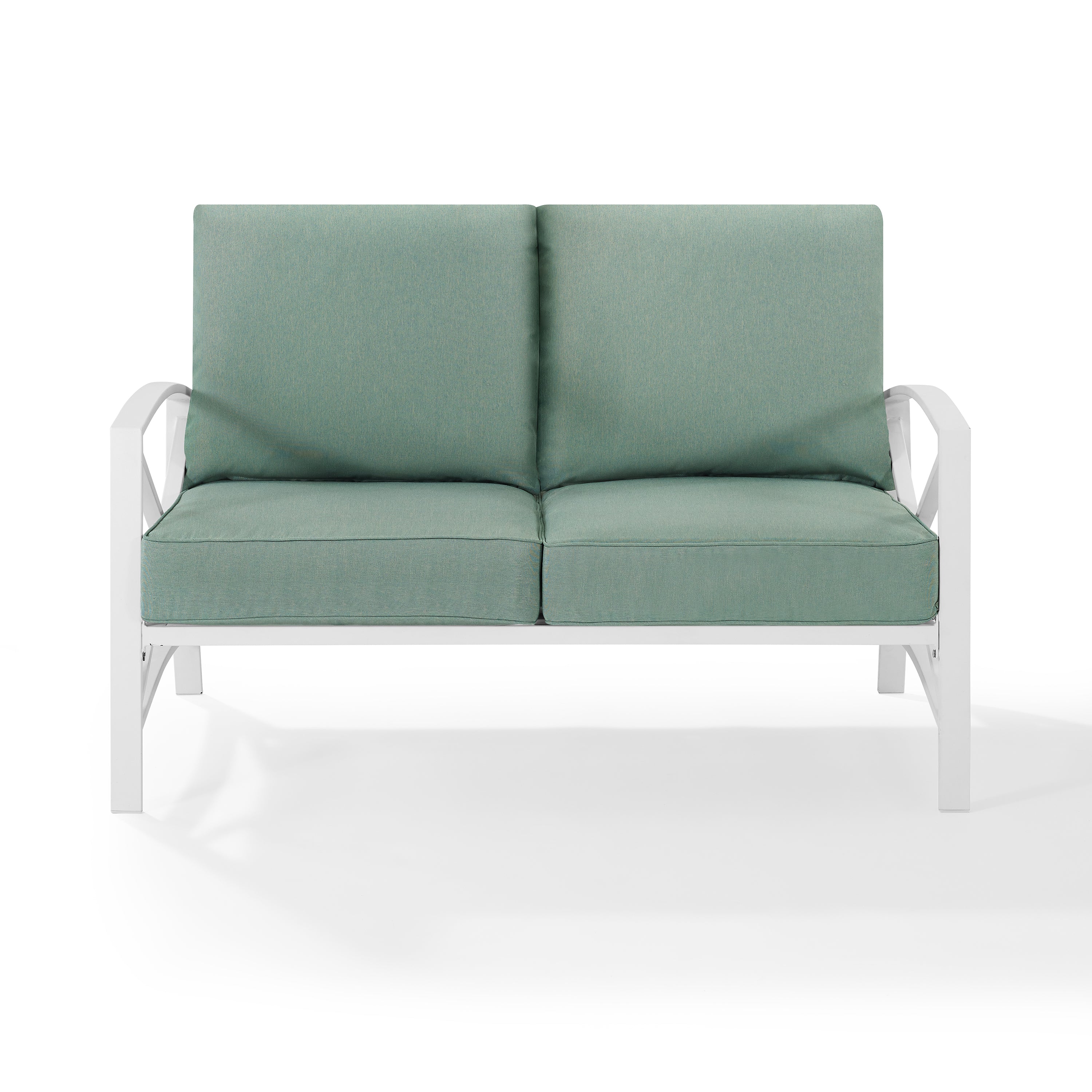 Kaplan Loveseat: Ultimate Morning Routine Outdoor Furniture. Spacious Seats, Plush Cushions, Ergonomic Backrest. Rust-Resistant Steel Frame. Uv, Fade, Moisture-Resistant Covers. (White/Mist)