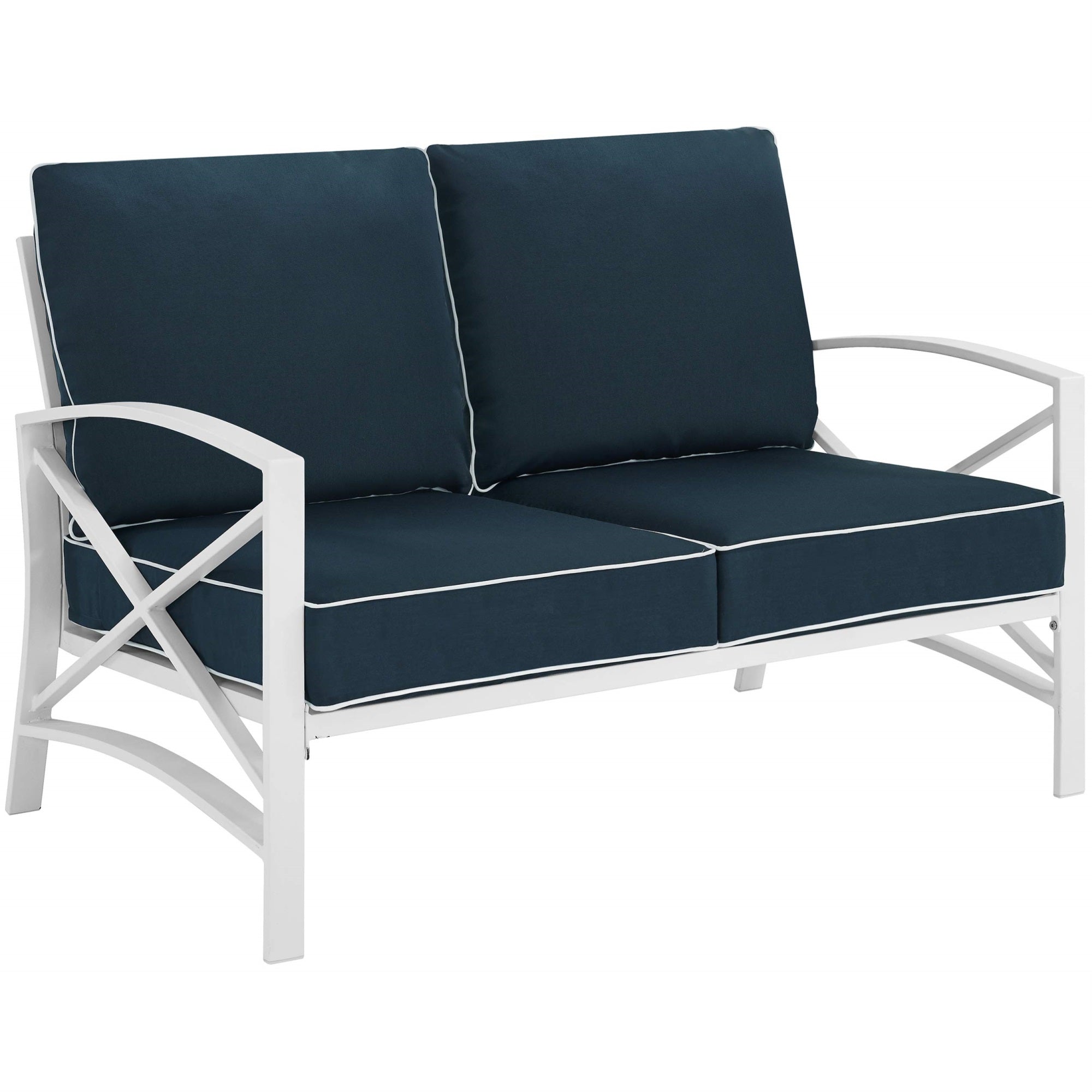 Casafoyer Furniture Kaplan Outdoor Loveseat, 2-Person Patio Couch For Porch, Deck, Backyard, Balcony, White With Navy Cushions