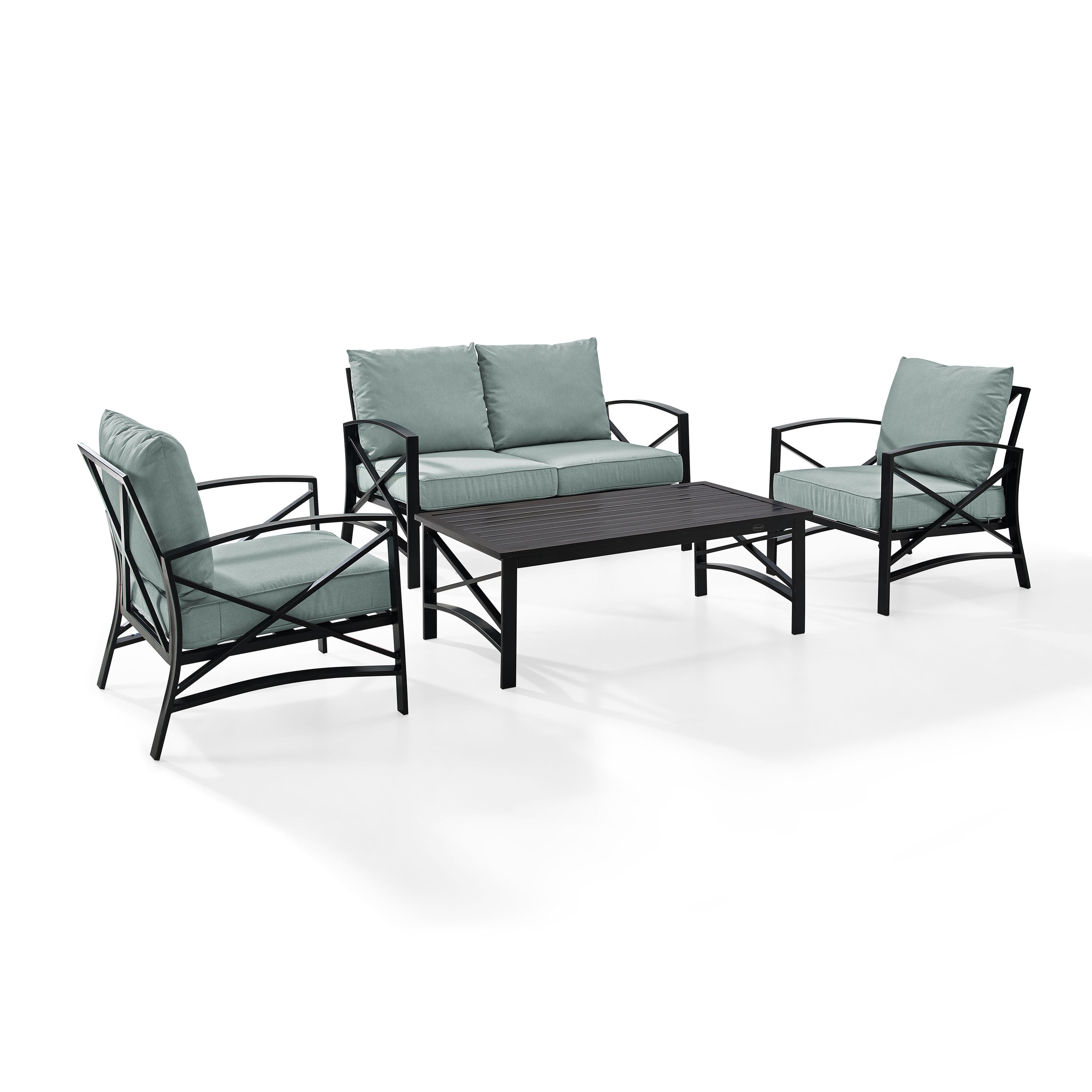 Kaplan 4 Pc Outdoor Seating Set With Mist Cushion - Loveseat, Two Chairs, Coffee Table