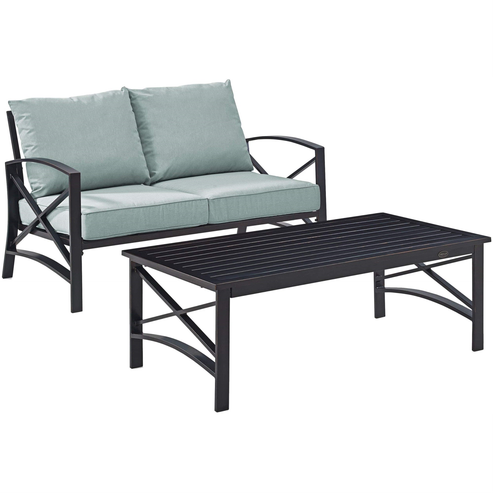 Casafoyer Furniture Kaplan 2-Piece Outdoor Coffee Table And Loveseat Patio Furniture Set For Porch, Deck, Oiled Bronze With Mist Cushions