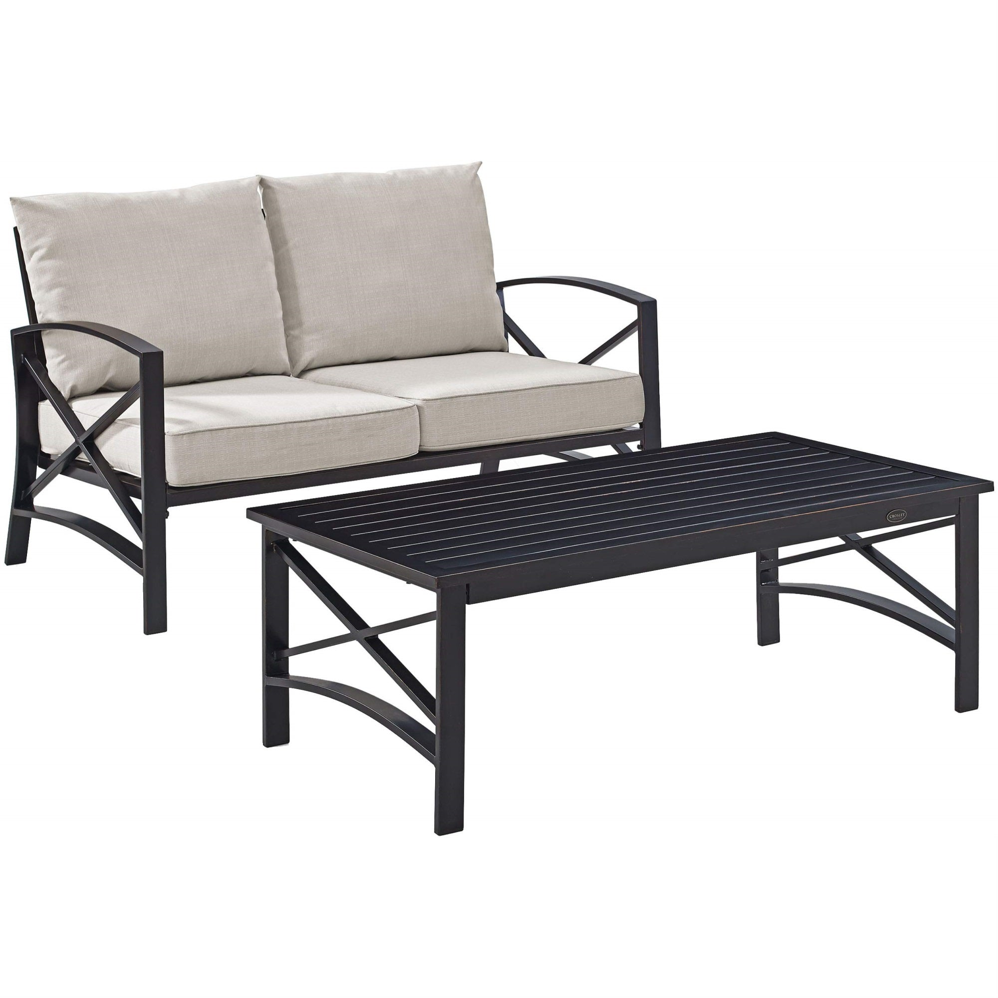 Casafoyer Furniture Kaplan 2-Piece Outdoor Coffee Table And Loveseat Patio Furniture Set For Porch, Deck, Oiled Bronze With Oatmeal Cushions
