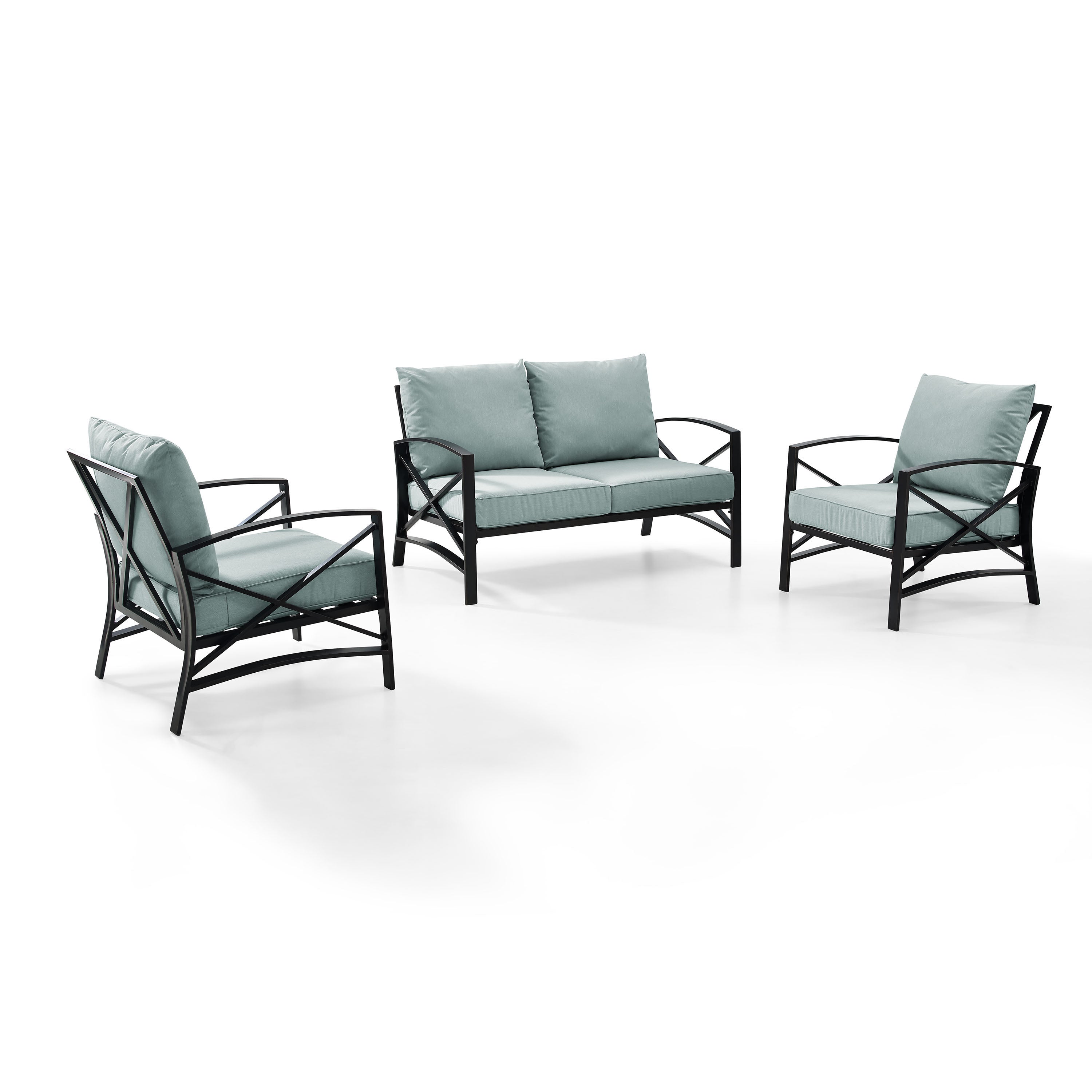 Kaplan 3 Pc Outdoor Seating Set With Mist Cushion - Loveseat, Two Outdoor Chairs