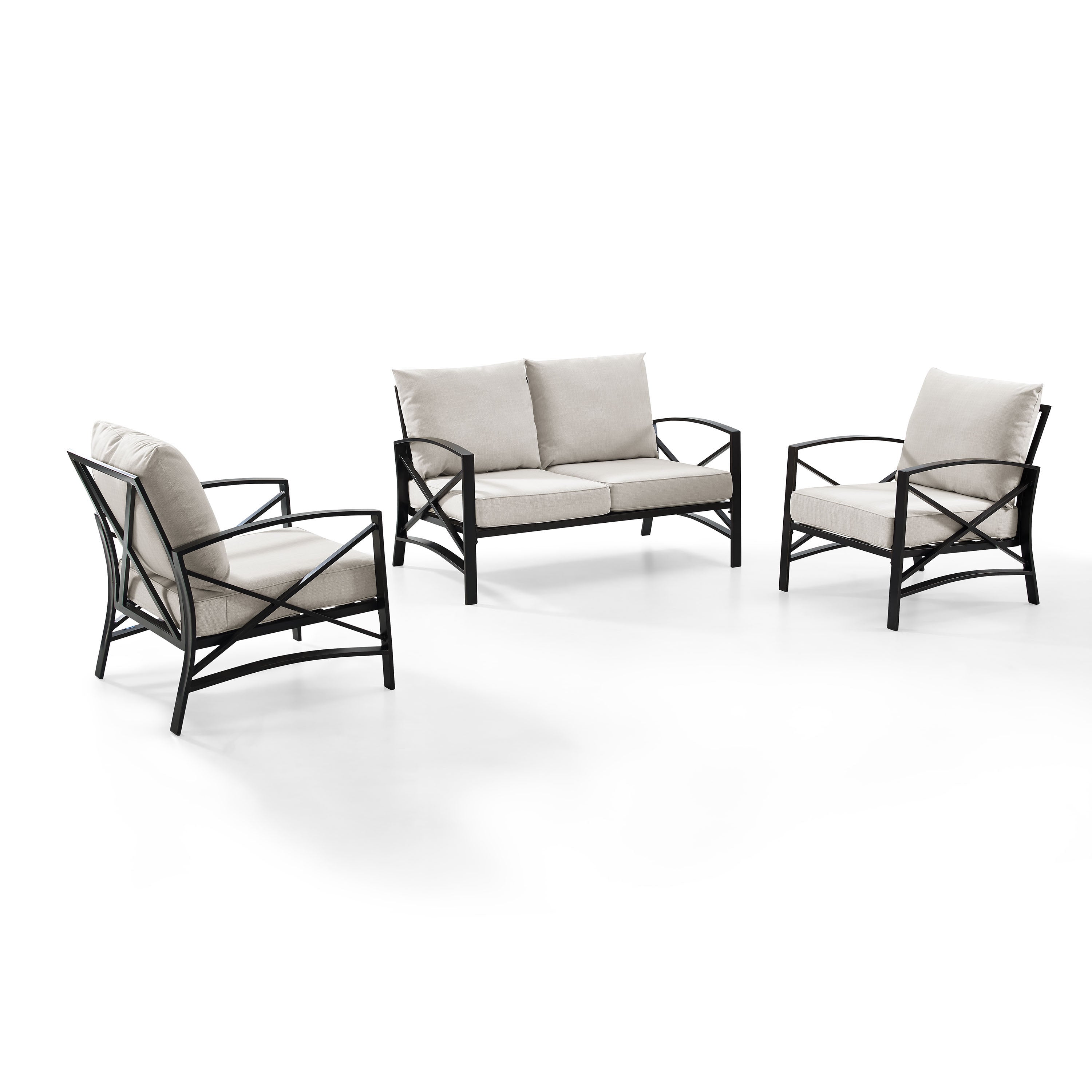 Kaplan 3 Pc Outdoor Seating Set With Oatmeal Cushion - Loveseat, Two Outdoor Chairs