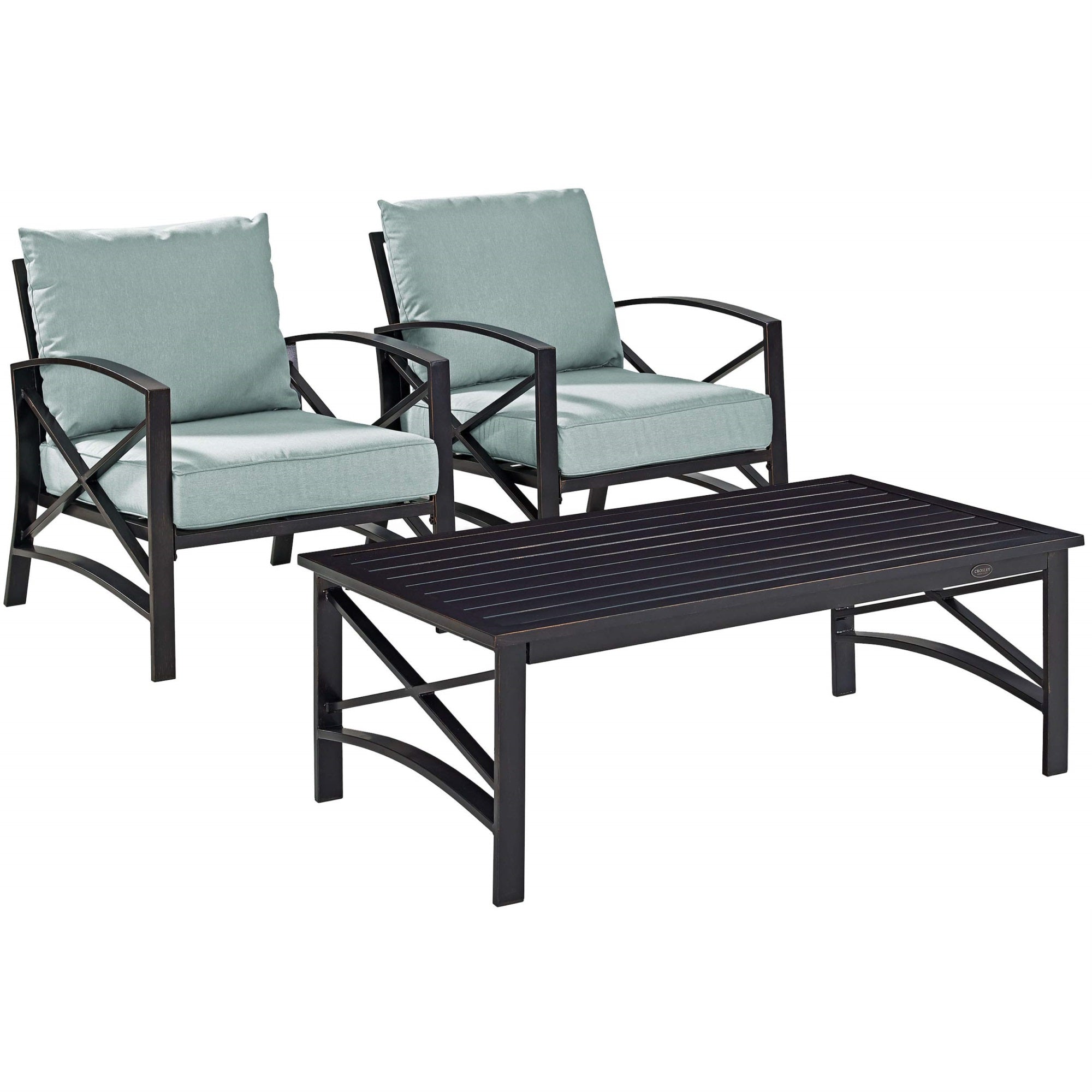 Casafoyer Furniture Kaplan 3-Piece Outdoor Chair And Coffee Table Set, Wicker Patio Conversation Sets For Deck, Oiled Bronze With Mist Cushions