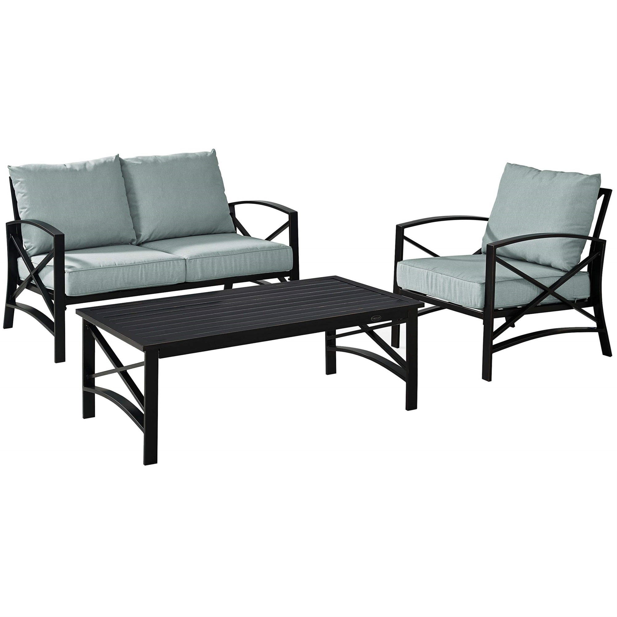 Casafoyer Furniture Kaplan 3-Piece Outdoor Loveseat Patio Furniture Set, Conversation Sets For Porch, Deck, Oiled Bronze With Mist Cushions