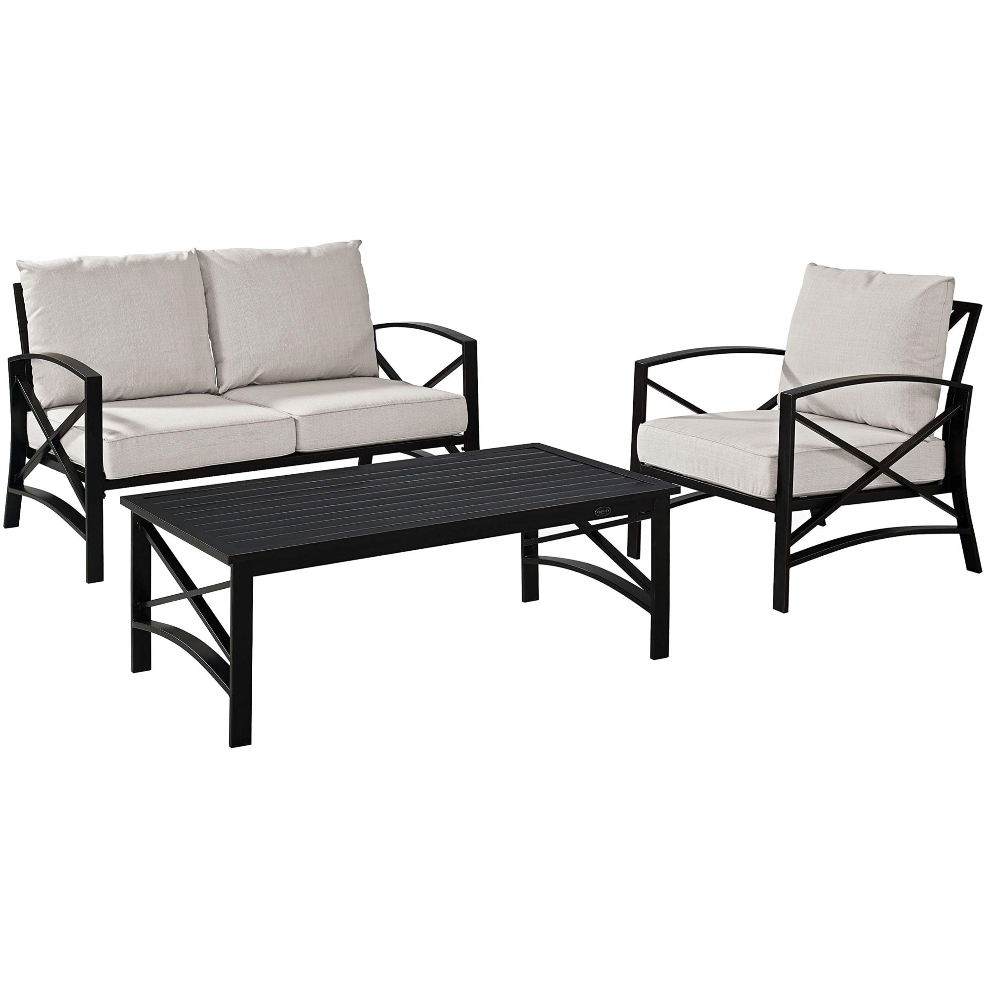 Casafoyer Furniture Kaplan 3-Piece Outdoor Loveseat Patio Furniture Set, Conversation Sets For Porch, Deck, Oiled Bronze With Oatmeal Cushions