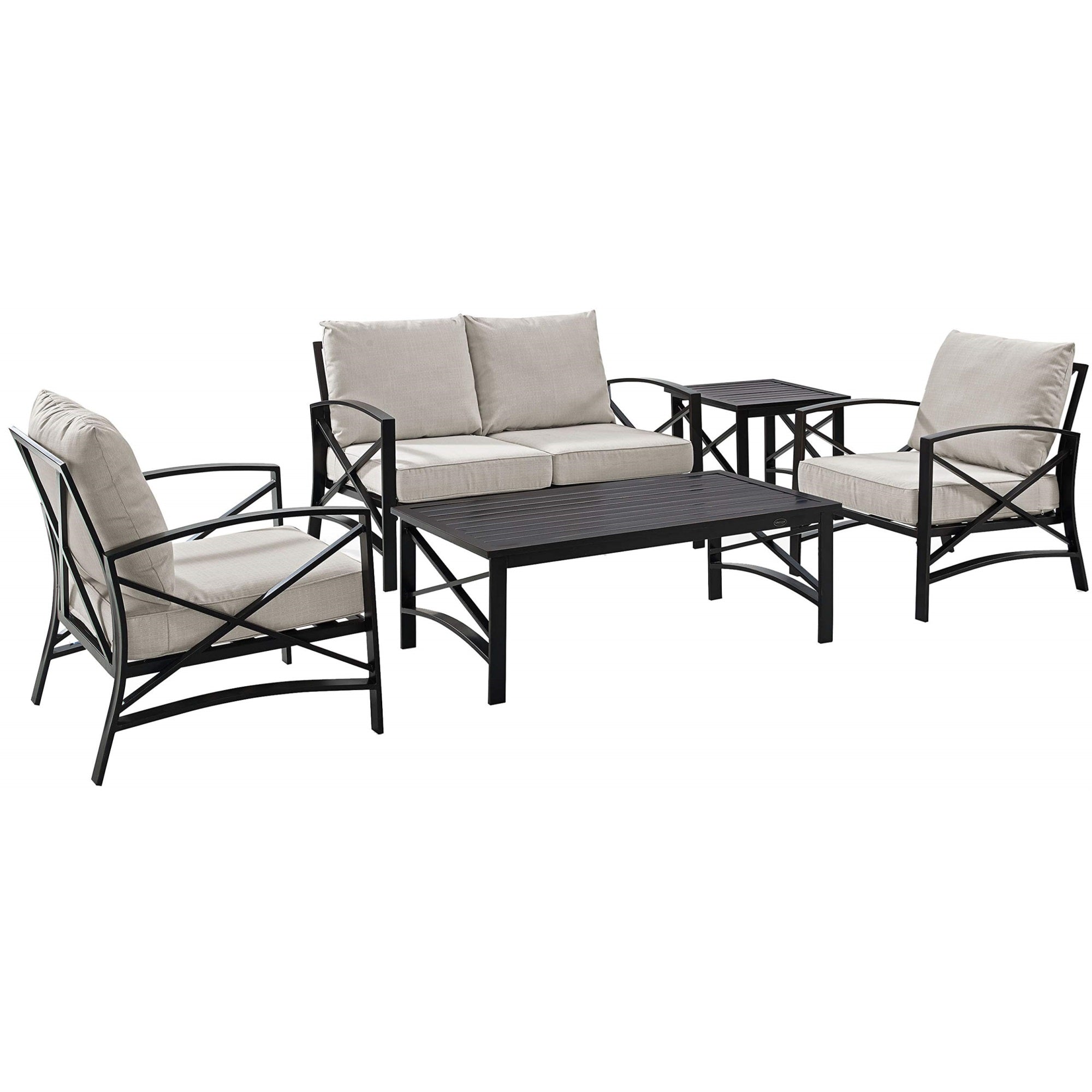 Casafoyer Furniture Kaplan 5-Piece Outdoor Loveseat Patio Furniture Set, Conversation Sets For Porch, Deck, Oiled Bronze With Oatmeal Cushions
