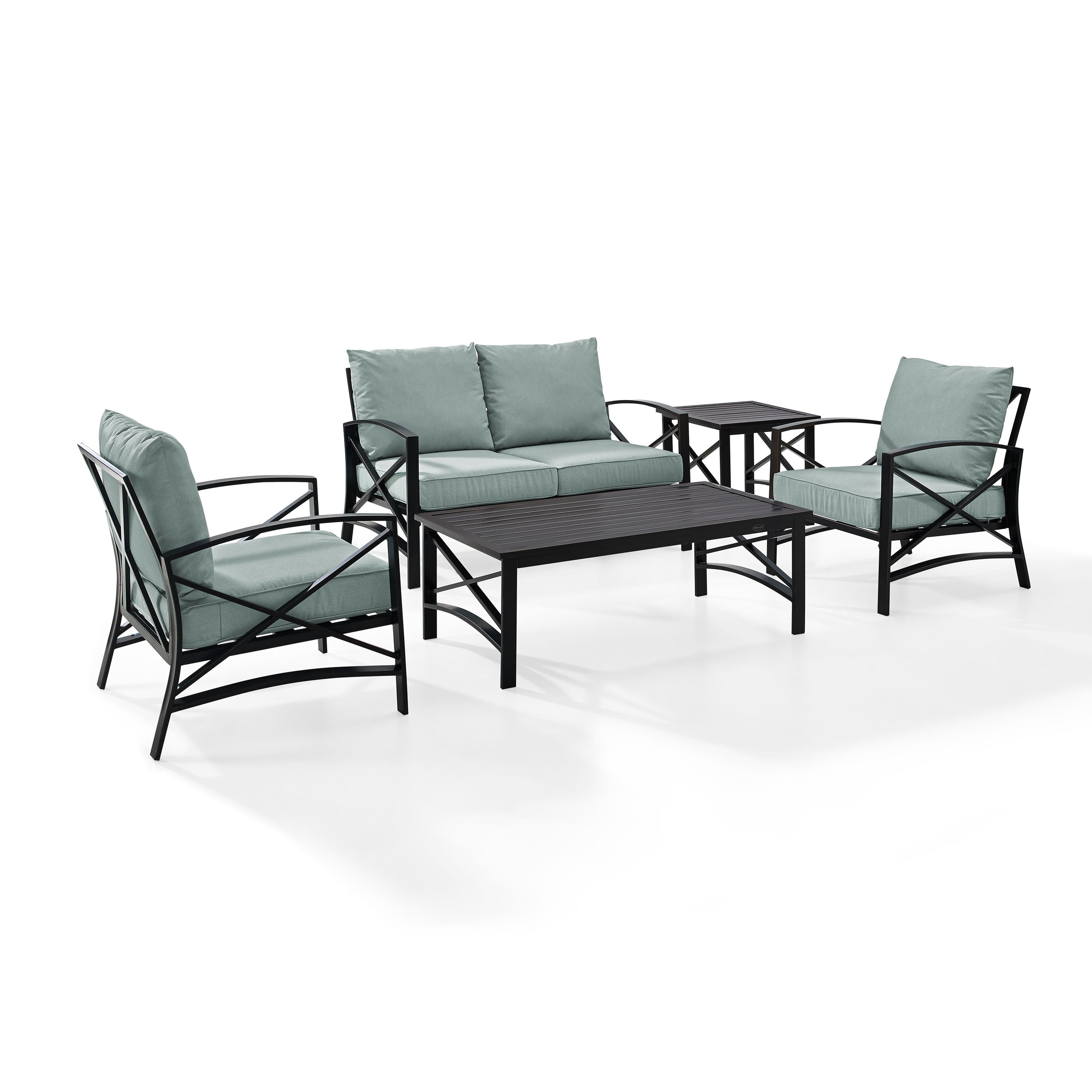 Kaplan Collection: 5 Pc Outdoor Seating Set - Steel, Rust-Resistant, Oil Bronze Finish, Uv-Resistant Cushions - Loveseat, Chairs, Tables