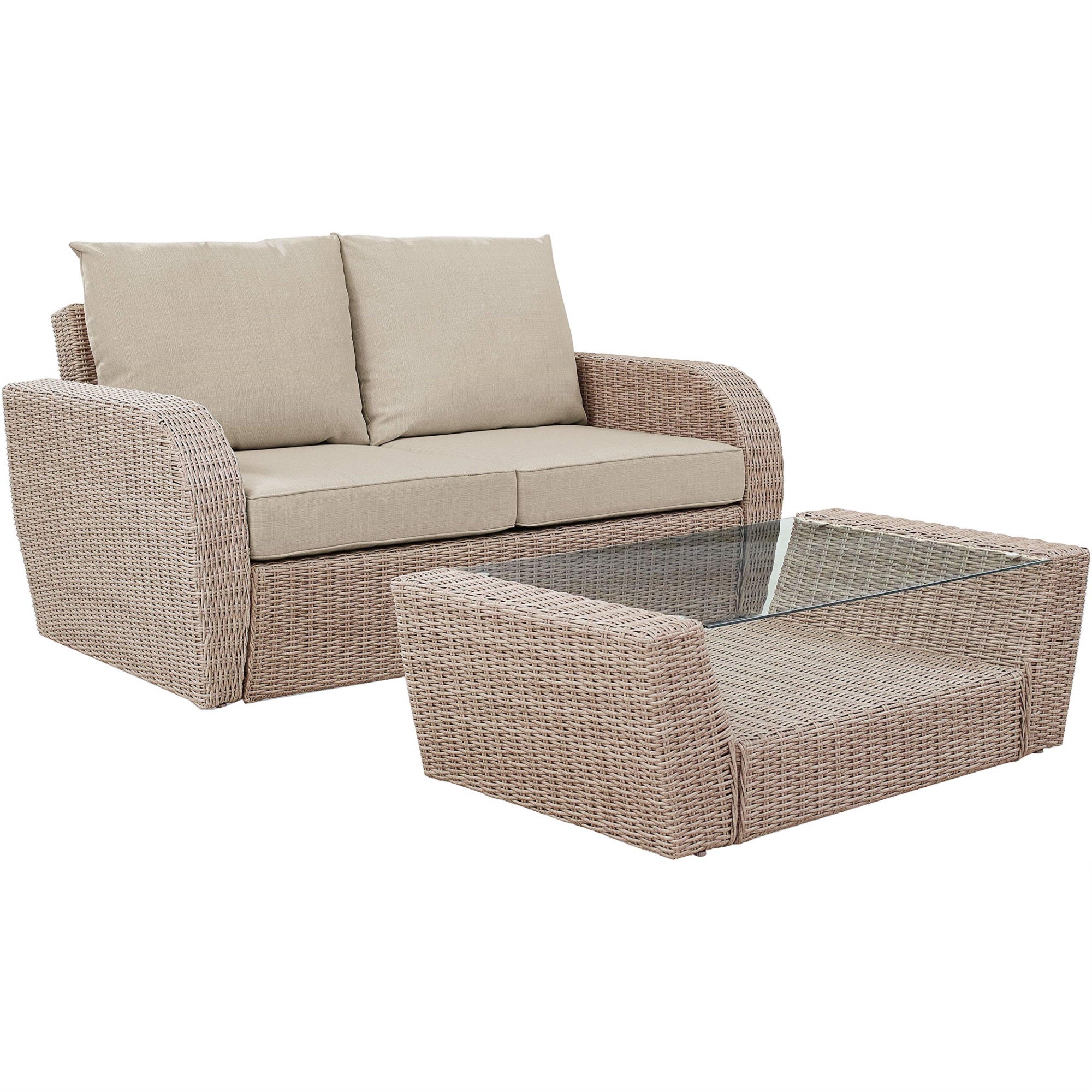 Casafoyer Furniture Ko70133Wh-Ol St. Augustine 2-Piece Outdoor Wicker Seating Set (Loveseat And Coffee Table), Weathered White With Oatmeal Cushions