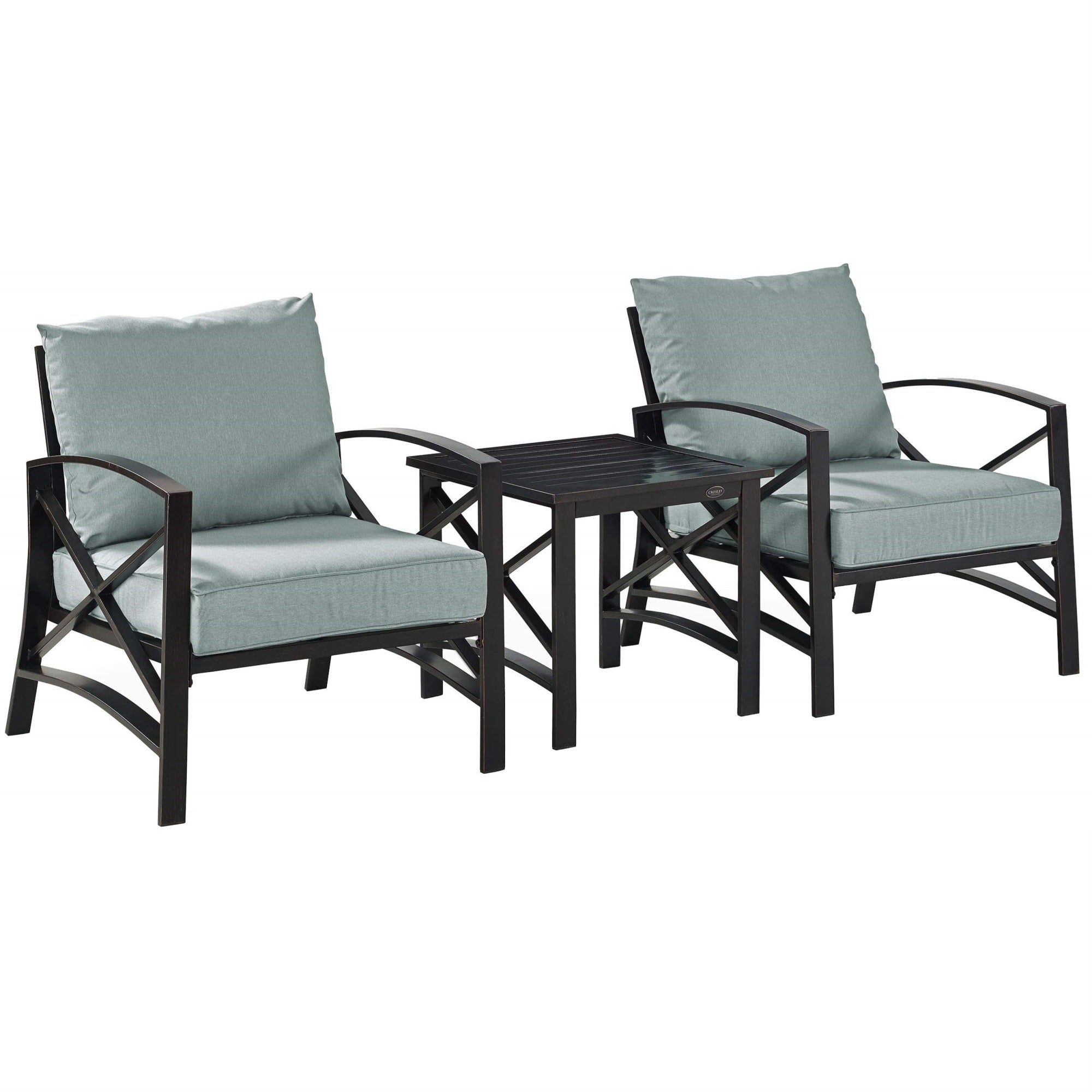 Casafoyer Furniture Kaplan 3-Piece Outdoor Chair And Side Table Set, Patio Conversation Sets For Porch, Deck, Oiled Bronze With Mist Cushions