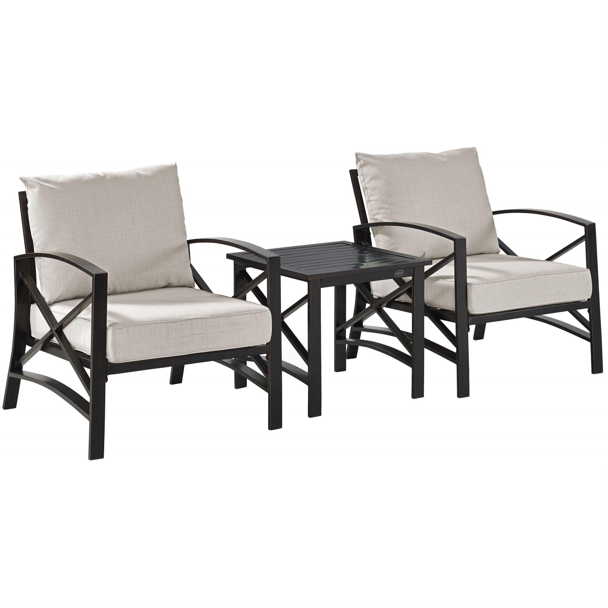 Casafoyer Furniture Kaplan 3-Piece Outdoor Chair And Side Table Set, Patio Conversation Sets For Porch, Deck, Oiled Bronze With Oatmeal Cushions