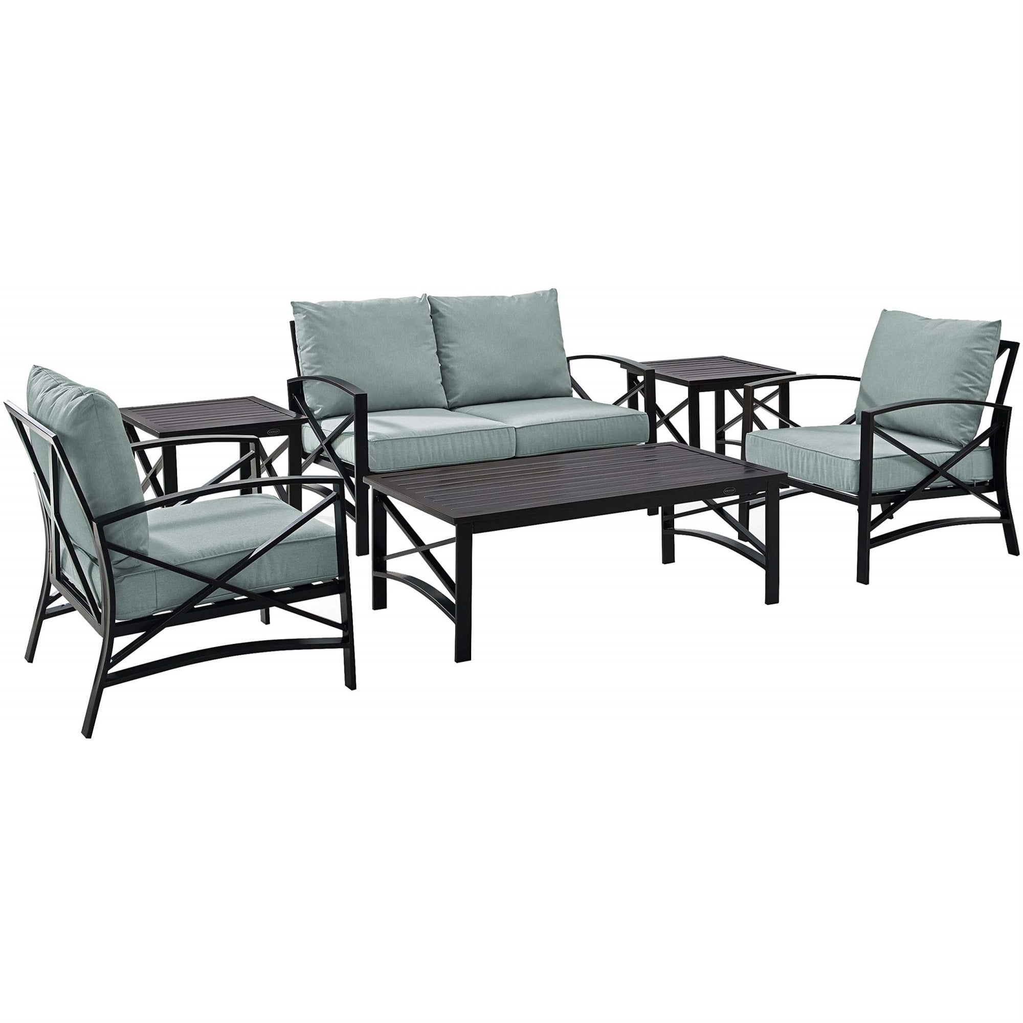 Casafoyer Furniture Ko60017Bz-Mi Kaplan 6-Piece Outdoor Seating Set (Loveseat, 2 Chairs, 2 Side Tables, And Coffee Table), Oiled Bronze With Mist Cushions