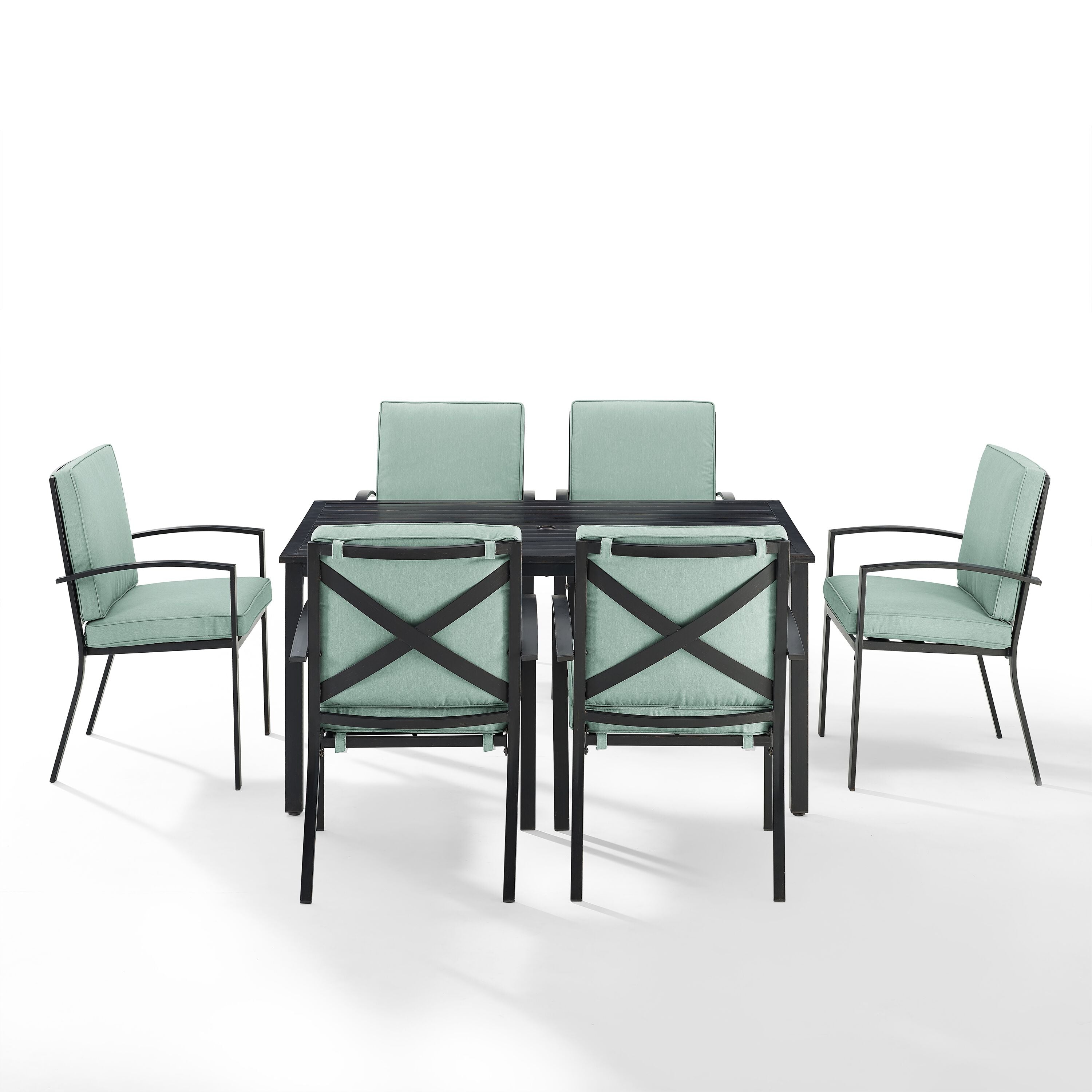 Kaplan 7Pc Outdoor Dining Set - Sturdy Steel Construction, Chic Slatted Design, Cozy Cushioned Chairs, Umbrella Hole. Elevate Your Outdoor Dining Space.
