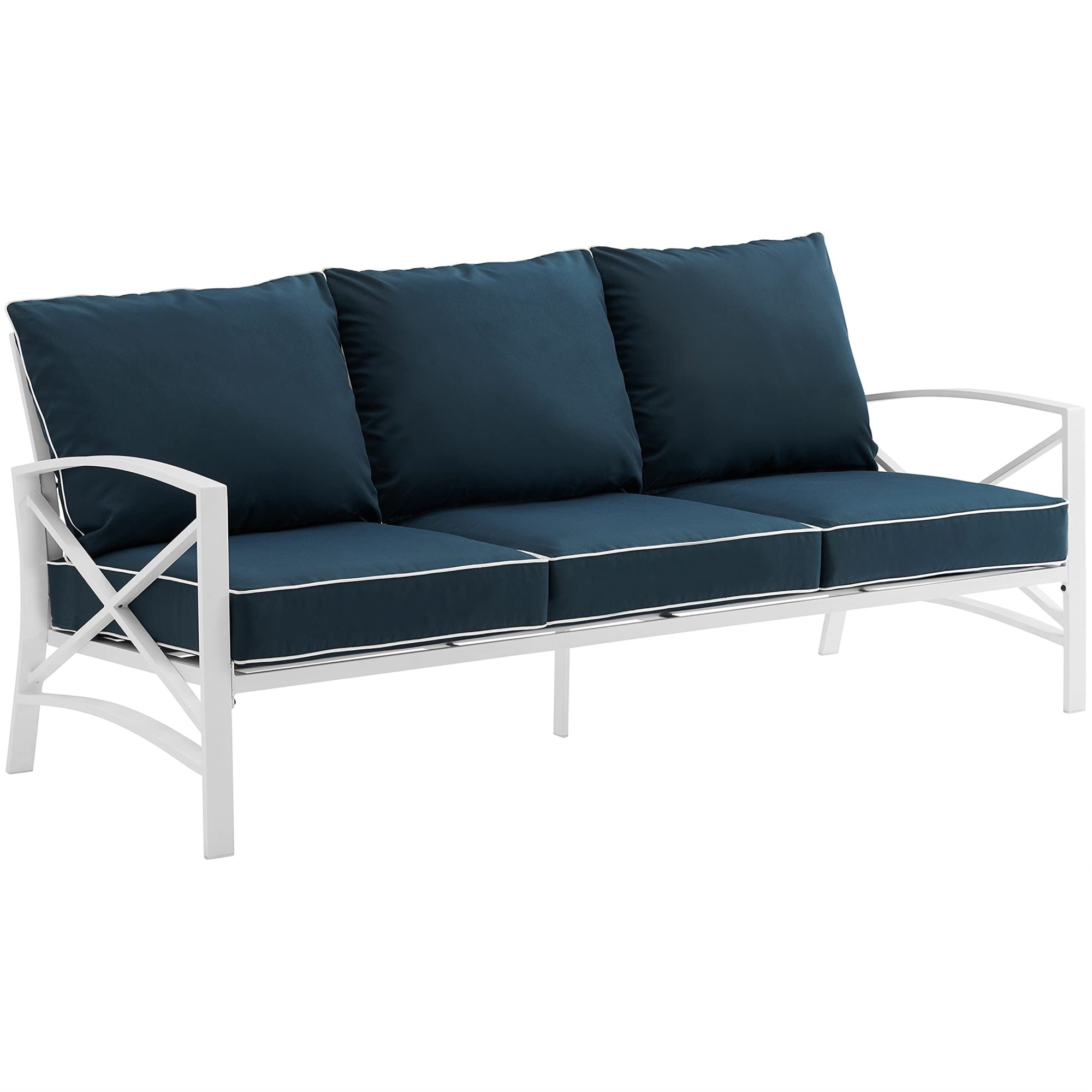 Casafoyer Furniture Kaplan Outdoor Sofa With Steel Frame, 3-Person Patio Couch For Porch, Deck, Backyard, White With Navy Cushions