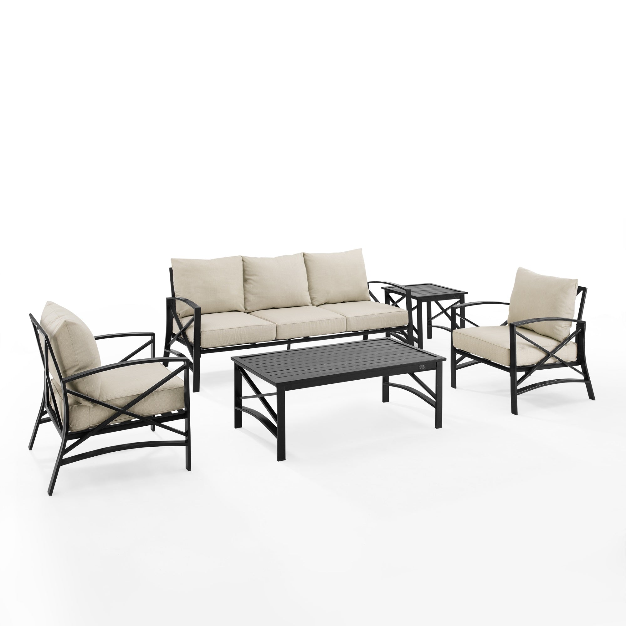Kaplan 5Pc Outdoor Sofa Set - Steel Frame, Plush Cushions, X-Back Design, Coffee & Side Table, Oatmeal