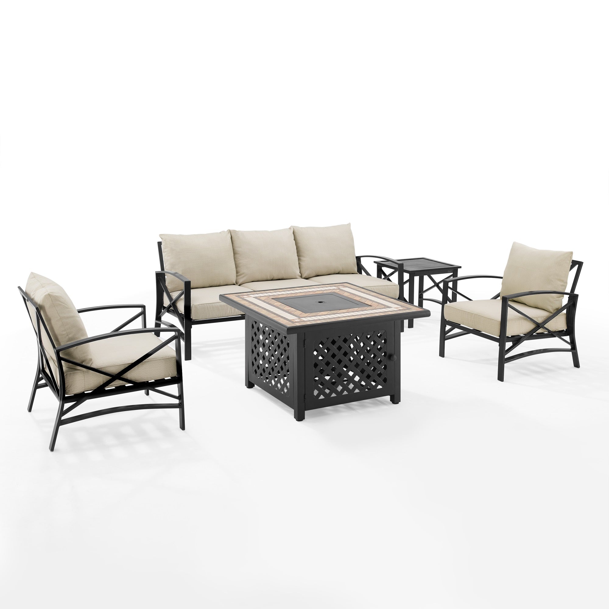 Kaplan 5Pc Outdoor Sofa Set With Fire Table - Durable Steel, Plush Cushions, Propane-Powered. Enhance Your Evening Ambiance Outdoors.