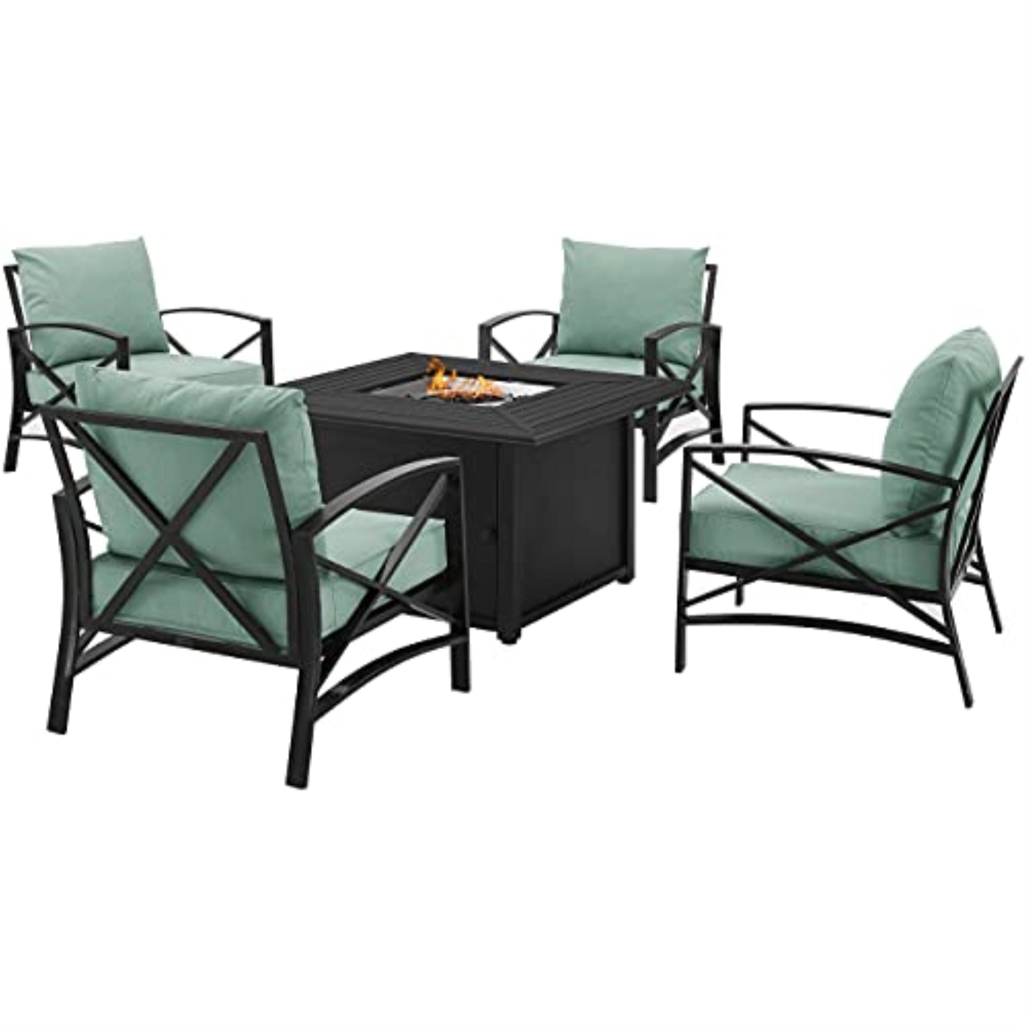 Kaplan 5Pc Outdoor Conversation Set By Ergode - Dante Fire Table & 4 Arm Chairs. Cozy Gatherings On Chilly Nights With Plush Cushions. Gas Controls And Propane Tank Rack Discreetly Located.