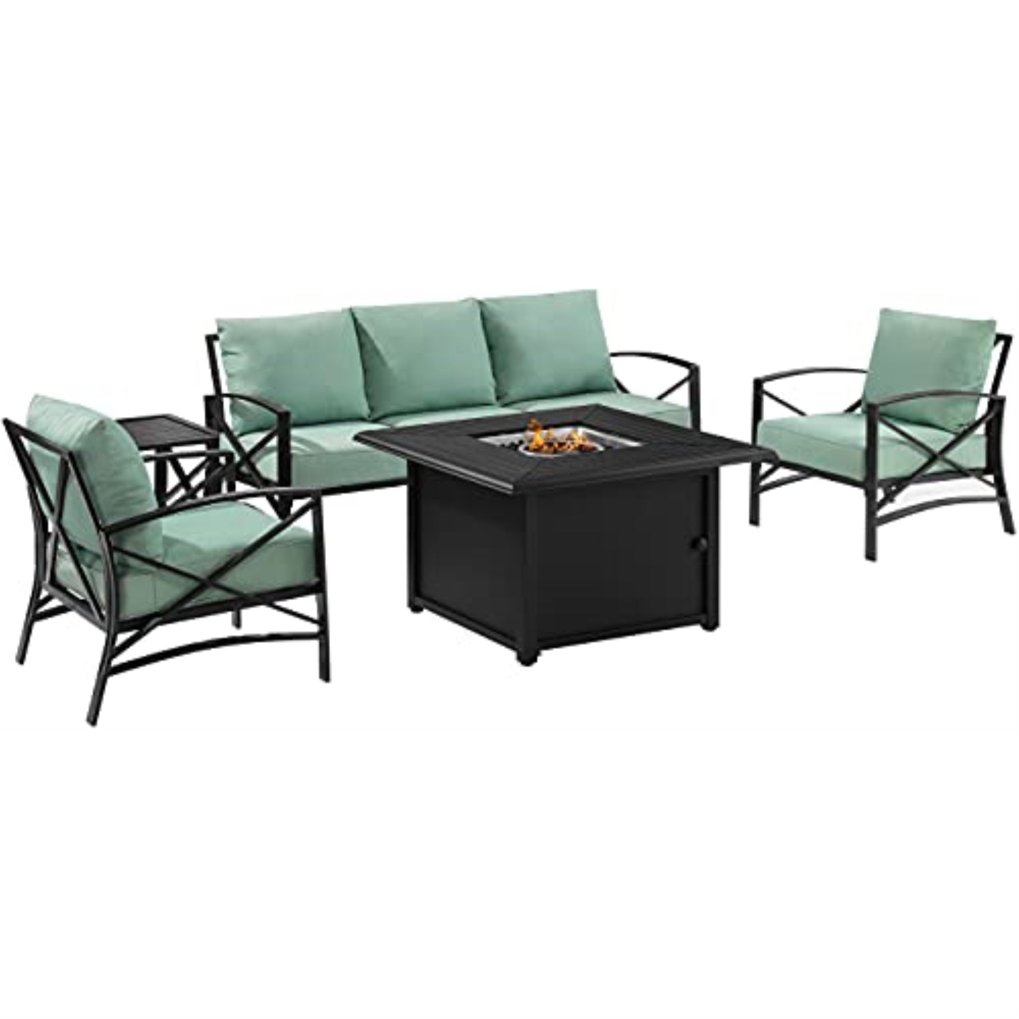 Ko60036Bz-Mi Kaplan 5Pc Outdoor Metal Sofa Set With Fire Table - Includes Sofa, Fire Table, Side Table, 2 Arm Chairs. Plush Cushions, Slatted Top, And Discreet Gas Controls For Ultimate Comfort And Convenience.