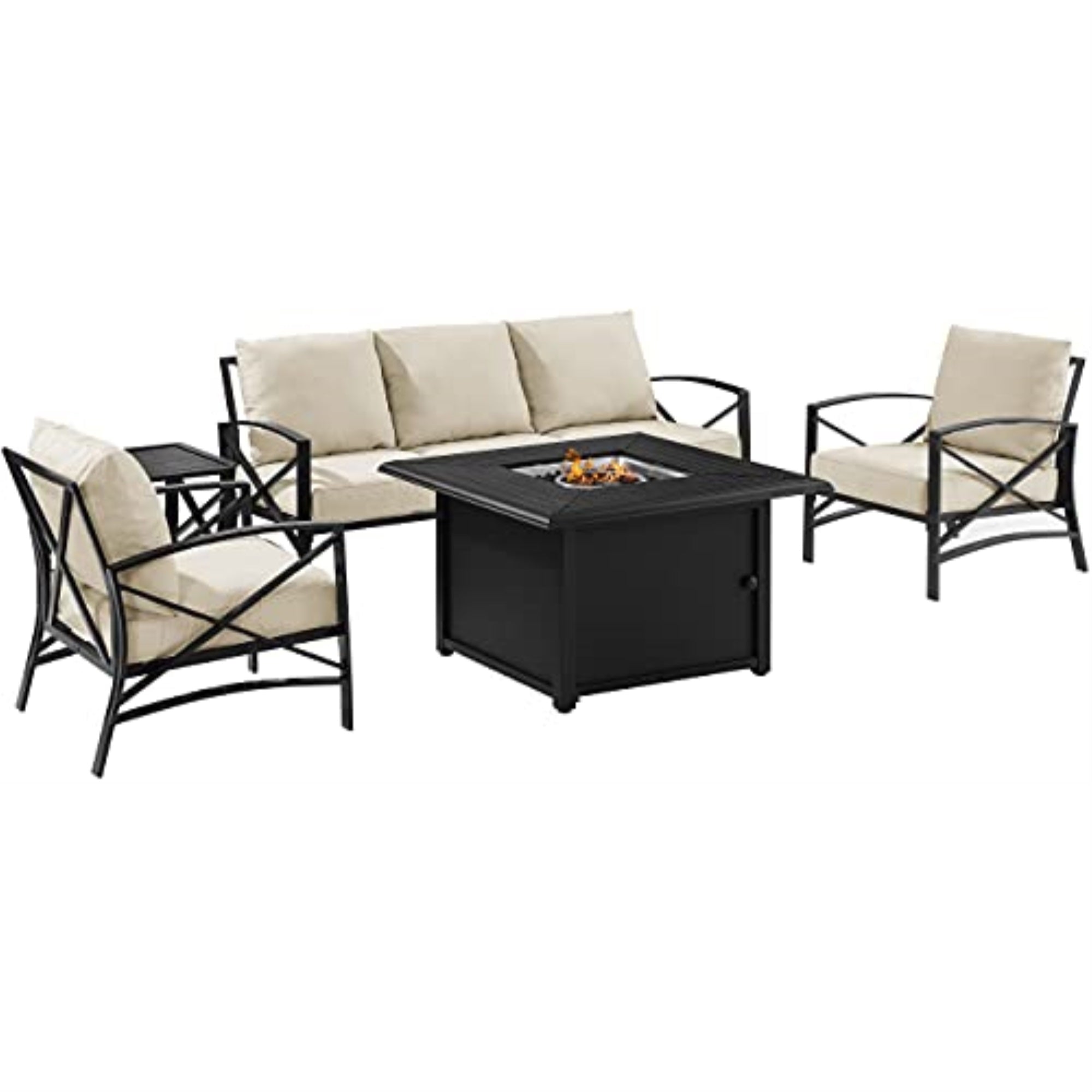 Kaplan 5Pc Outdoor Metal Sofa Set With Fire Table - Cozy Evenings By The Fire. Includes Sofa, Dante Fire Table, Side Table, 2 Arm Chairs.